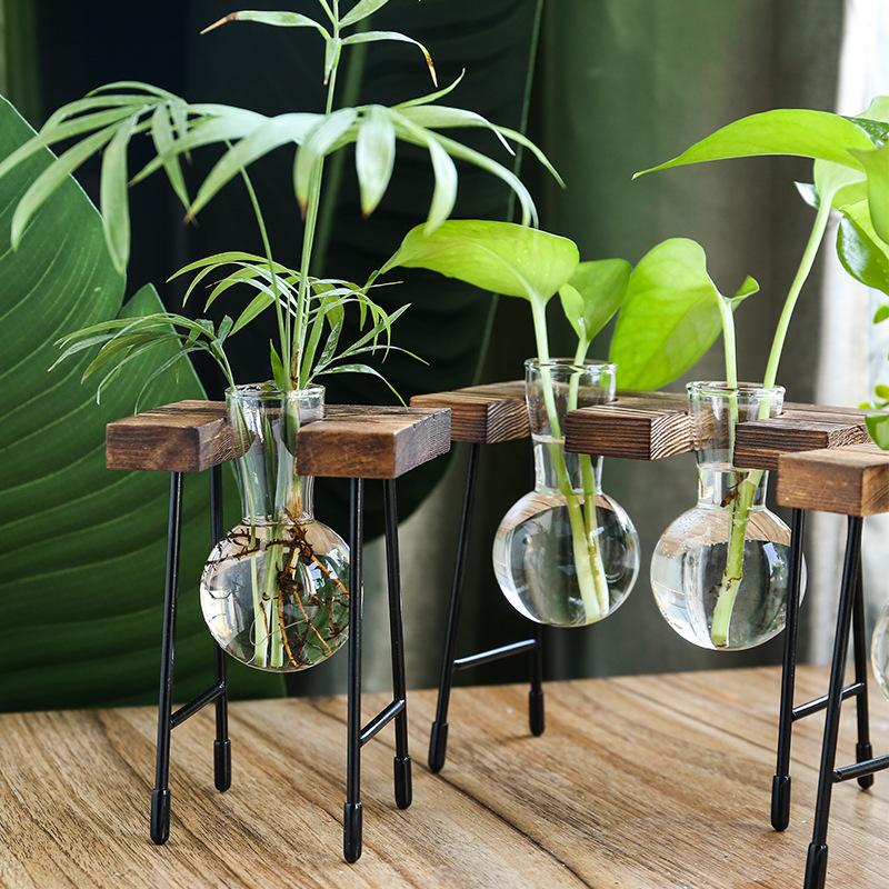 Creative Wooden Frame Hydroponic Vase Dill Plant Transparent Glass Flower Arrangement Container Desktop Ornament Home Decoration Products