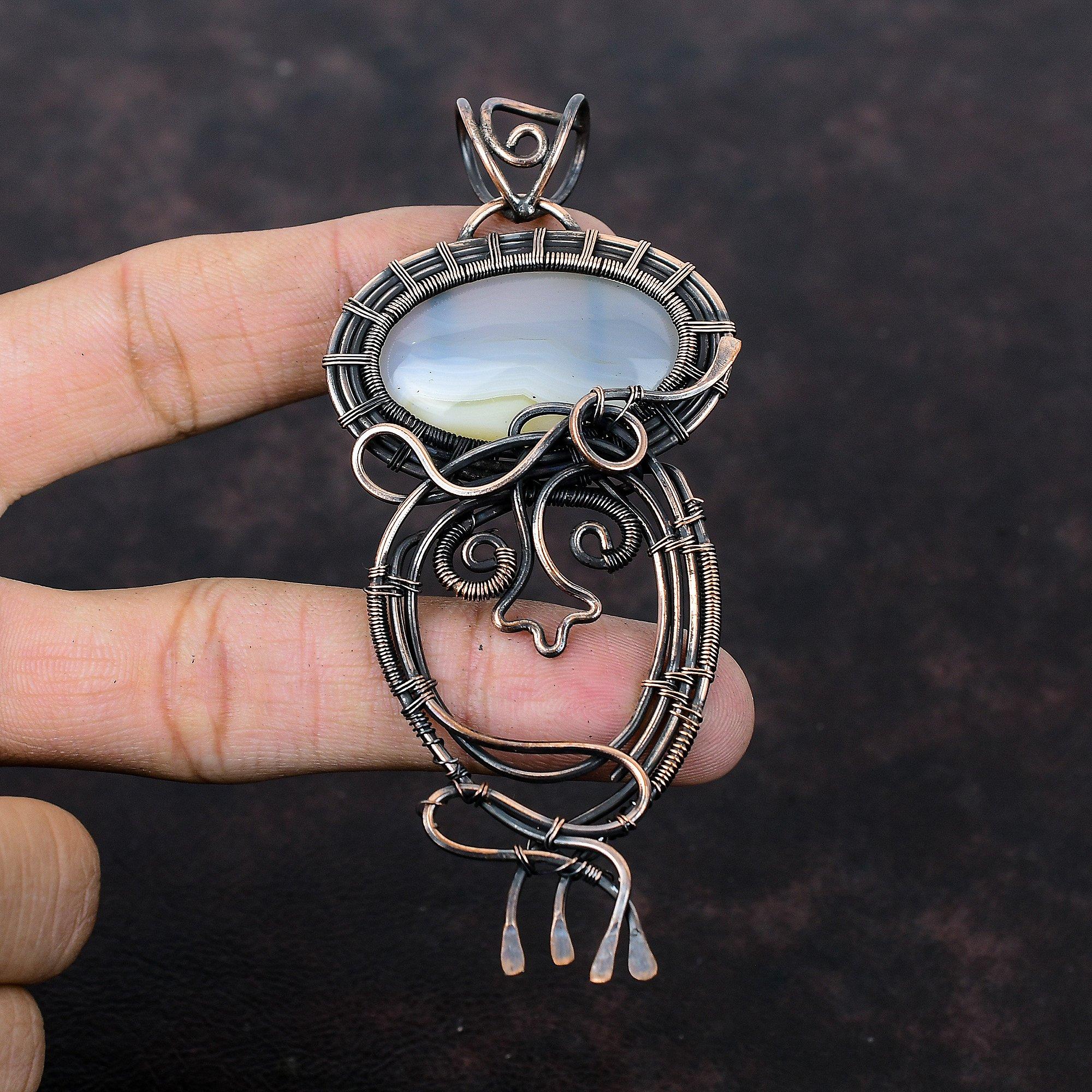 Подвеска из агата Ботсваны, подвеска из медной проволоки с драгоценным камнем, ювелирное изделие ручной работы, подвеска в этническом стиле, подвеска с камнем по рождению, медные ювелирные изделия для подарка