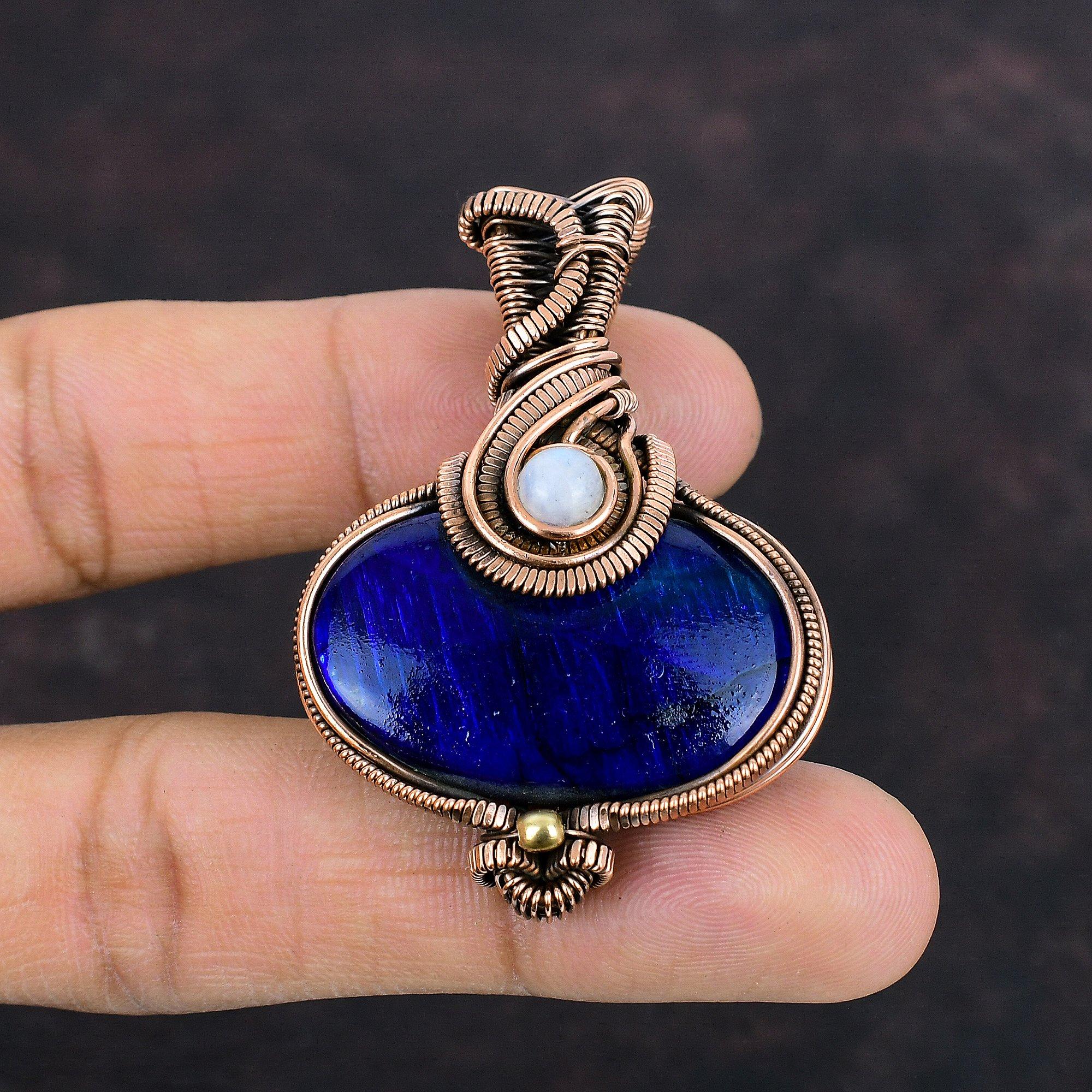 Подвеска из лабрадорита с синим огнем, подвеска из медной проволоки, подвеска из радужного лунного камня, медные ювелирные изделия ручной работы, подарок для мамы, подвеска с драгоценным камнем