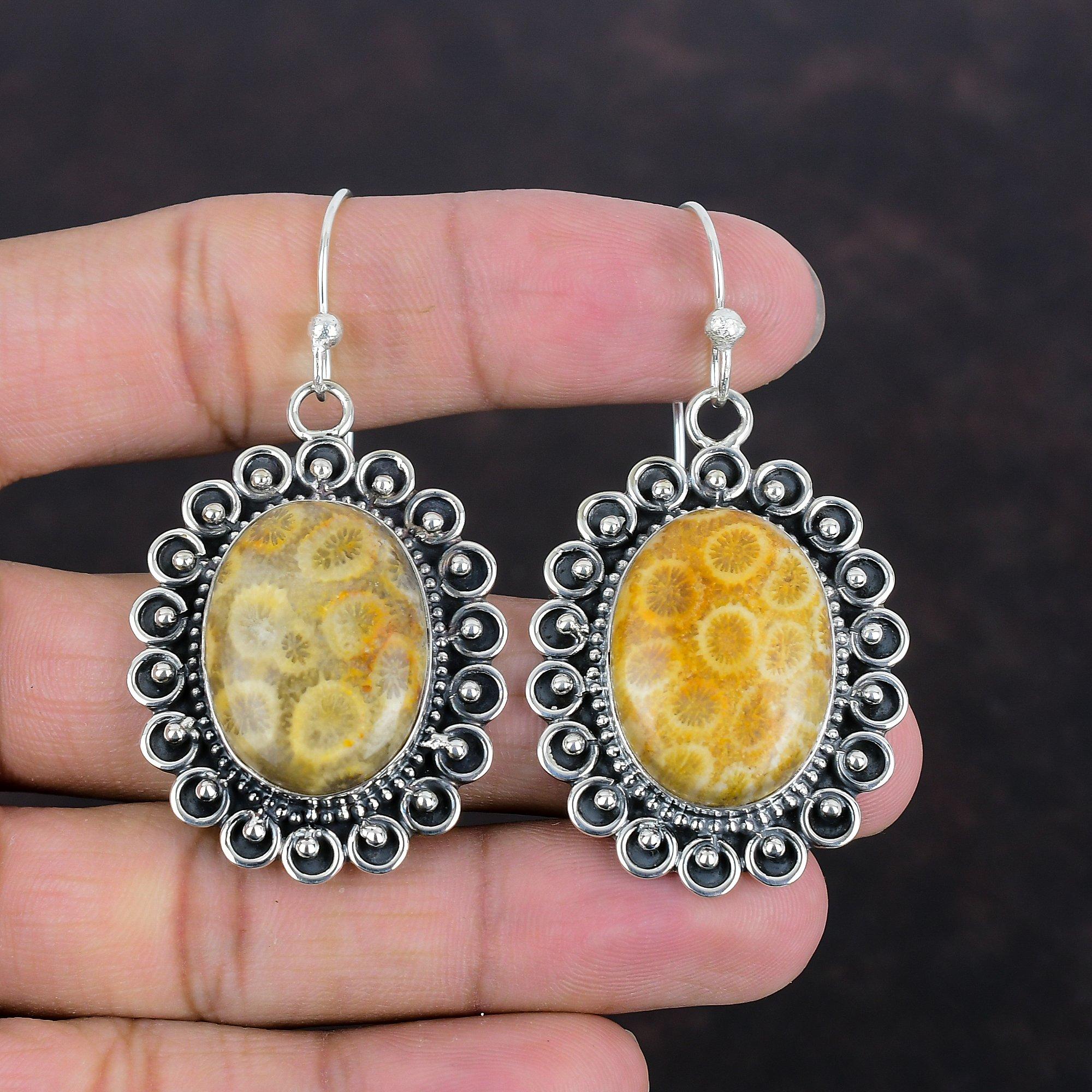 Fossil Coral Earring Handmade Drop Earrings Top Quality Gemstone Jewelry 925 Sterling Silver Earring Latest Design Jewelry Anniversary Gifts