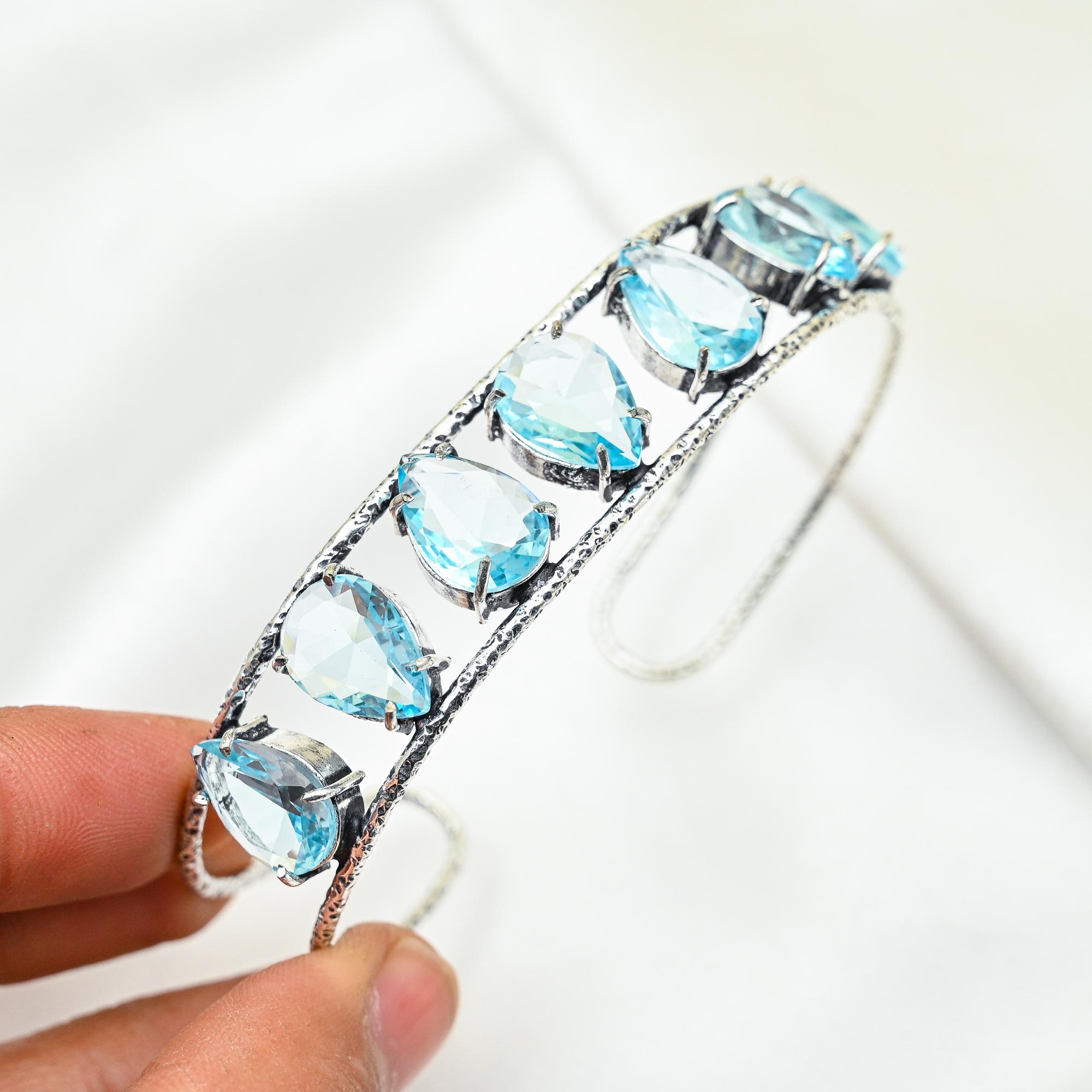 Браслет-манжета Swiss Blue Topaz, браслет из настоящего драгоценного камня, браслет-манжета из стерлингового серебра 925 пробы, ювелирные изделия ручной работы, регулируемый браслет для подарка, женские ювелирные изделия