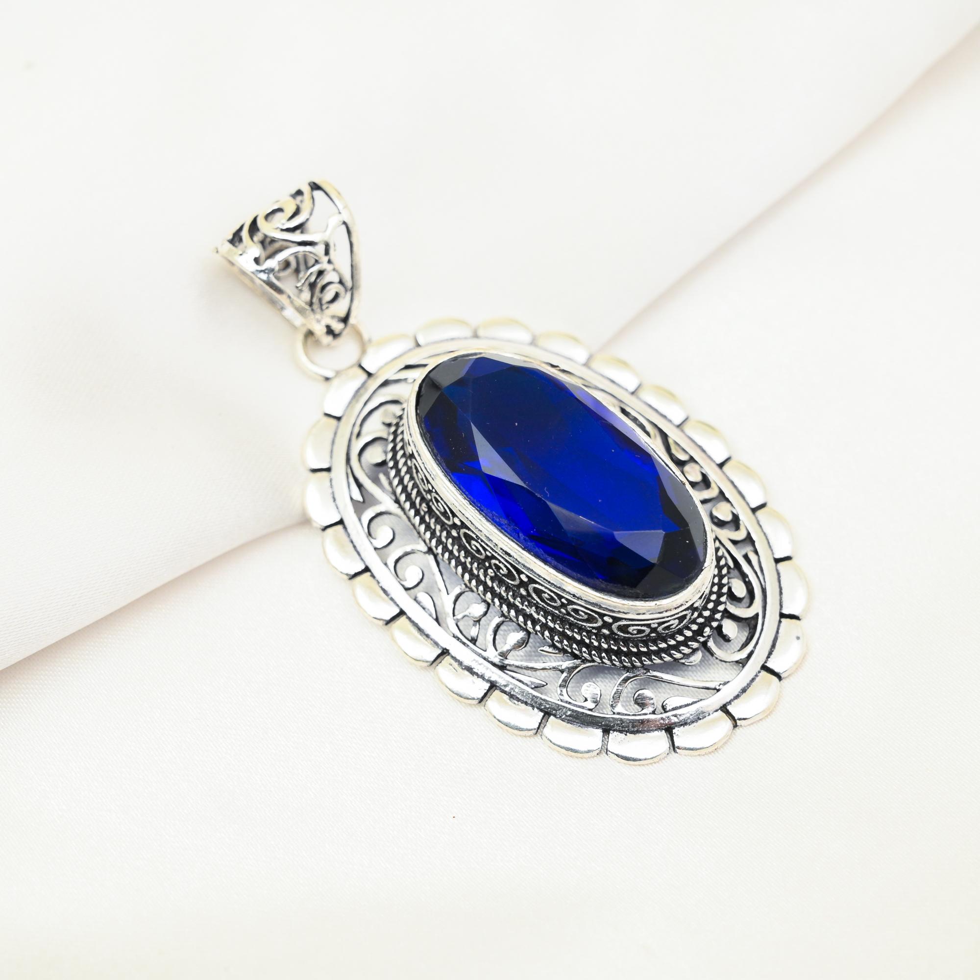 Подвеска с синим сапфиром, подвеска из драгоценного камня ручной работы, подвеска из стерлингового серебра 925 пробы, антикварные ювелирные изделия, для подарка на помолвку