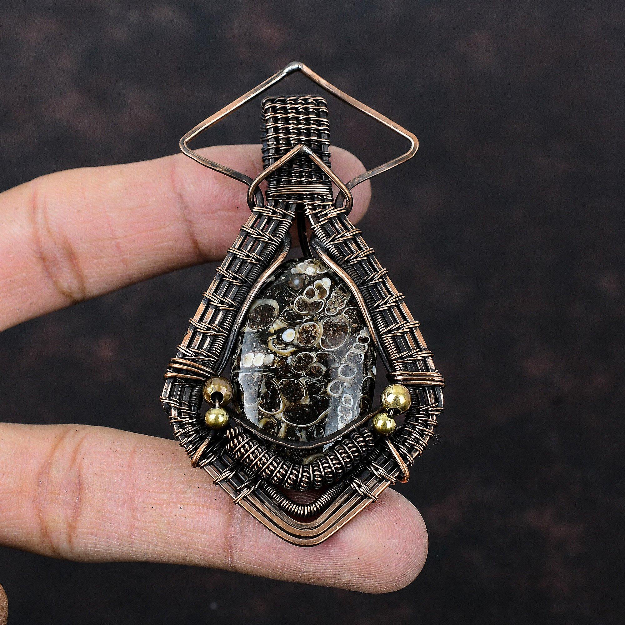 Подвеска из агата Turritella, подвеска из медной проволоки, подвеска из драгоценного камня, медные украшения, подвеска ручной работы, подарок на годовщину, ювелирные изделия, обмотанные проволокой