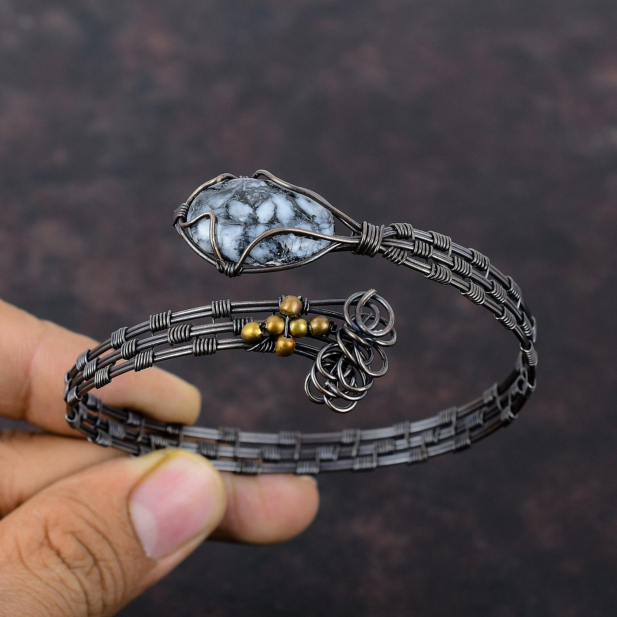 Браслет-манжета из медной проволоки Pinolith Jasper, уникальная ручная работа, регулируемый браслет из медной проволоки, свадебный подарок