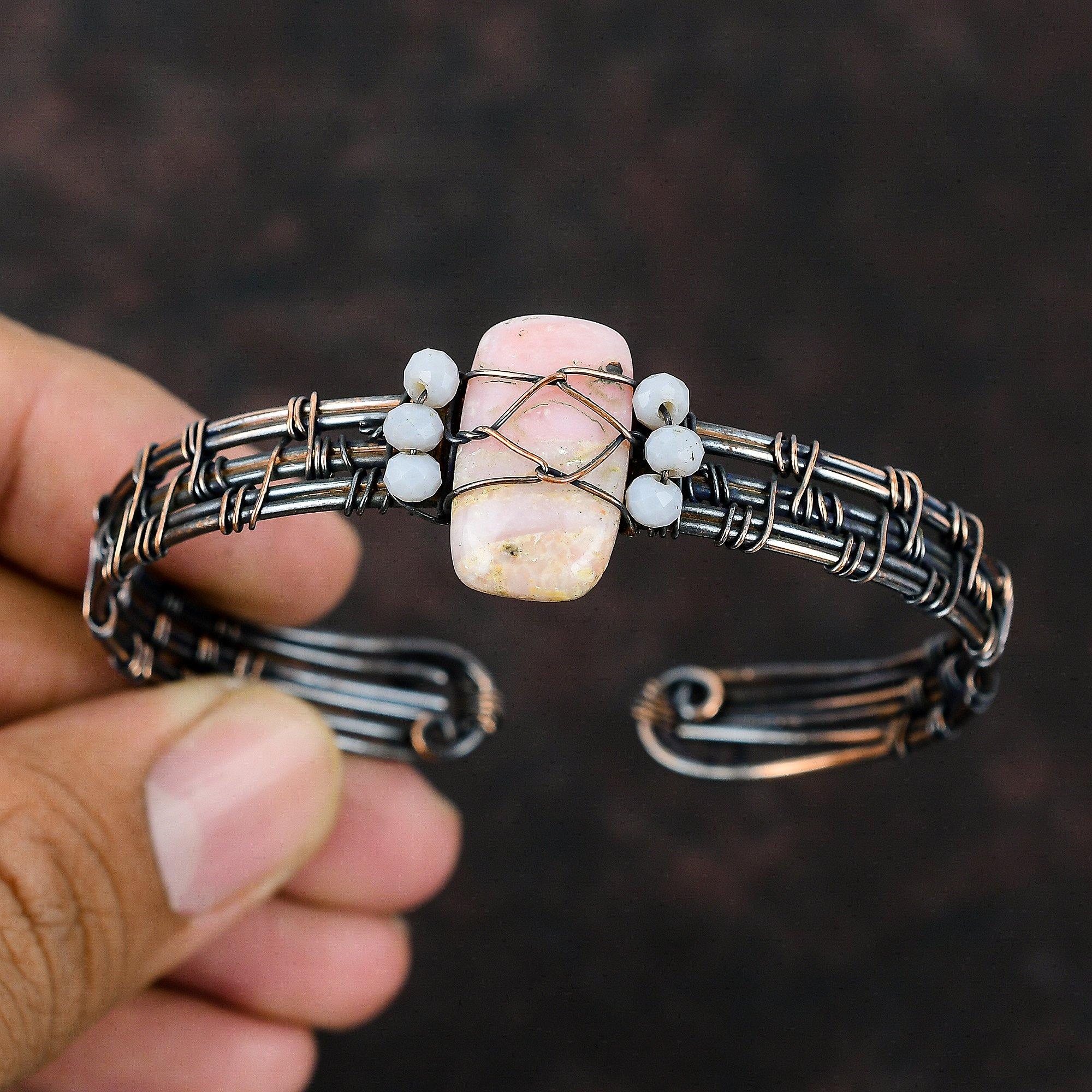 Браслет-манжета из розового опала и меди, браслет с синими кружевными бусинами из агата, браслет из медной проволоки, регулируемый браслет-манжета ручной работы