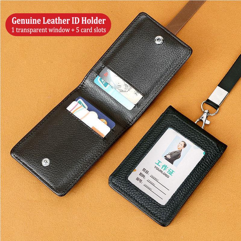 Luxury Business Work ID Badge Holder with Lanyard Multiple Card Slots Staff Office Supplies Genuine Leather Men and Women Name Tag Bus Card Holders