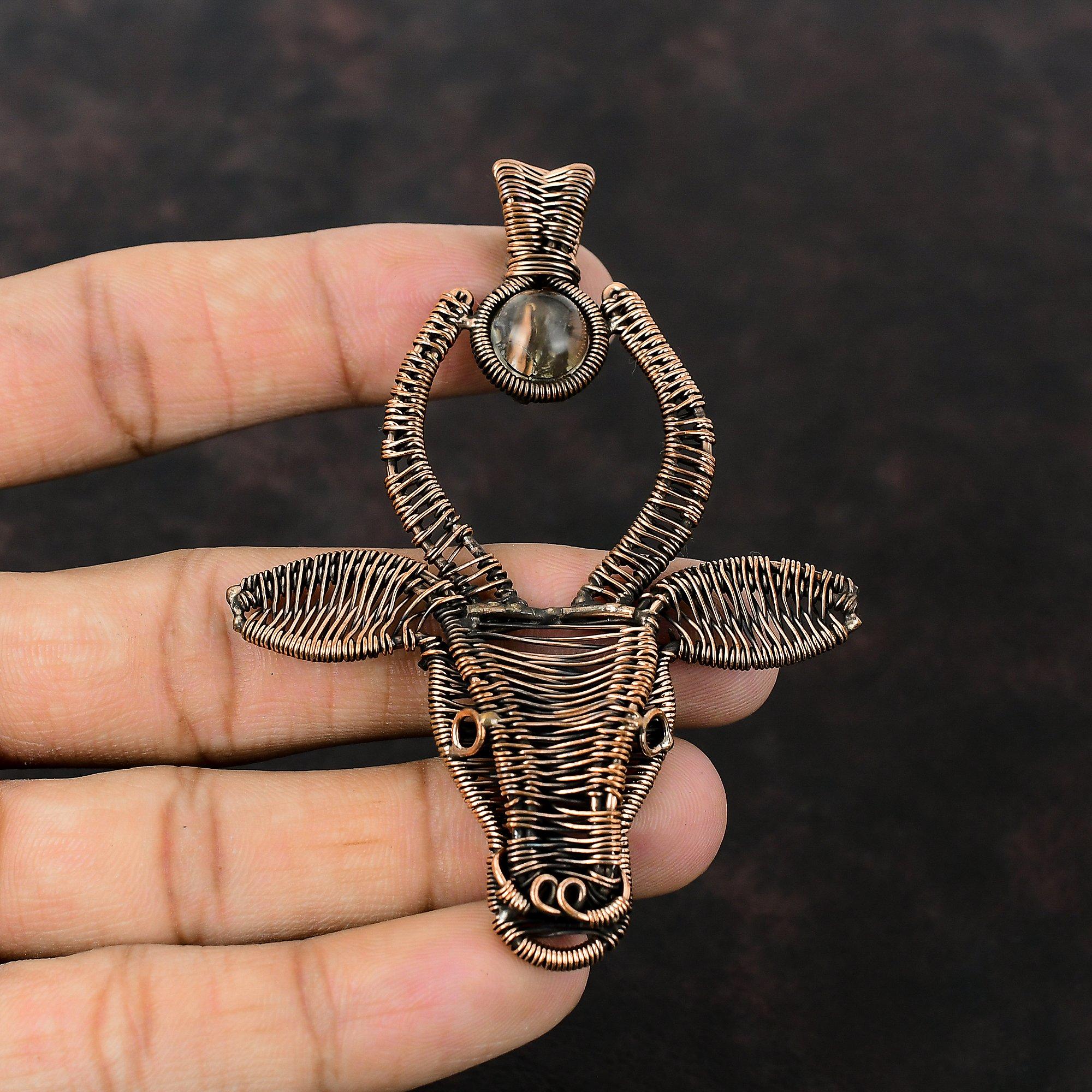 Подвеска из Кристалла Кварца, обернутая медной проволокой, Подвеска с головой быка, Ювелирное изделие, Подвеска ручной работы, Подвеска из натурального драгоценного камня, Медное украшение, Подарок для женщин