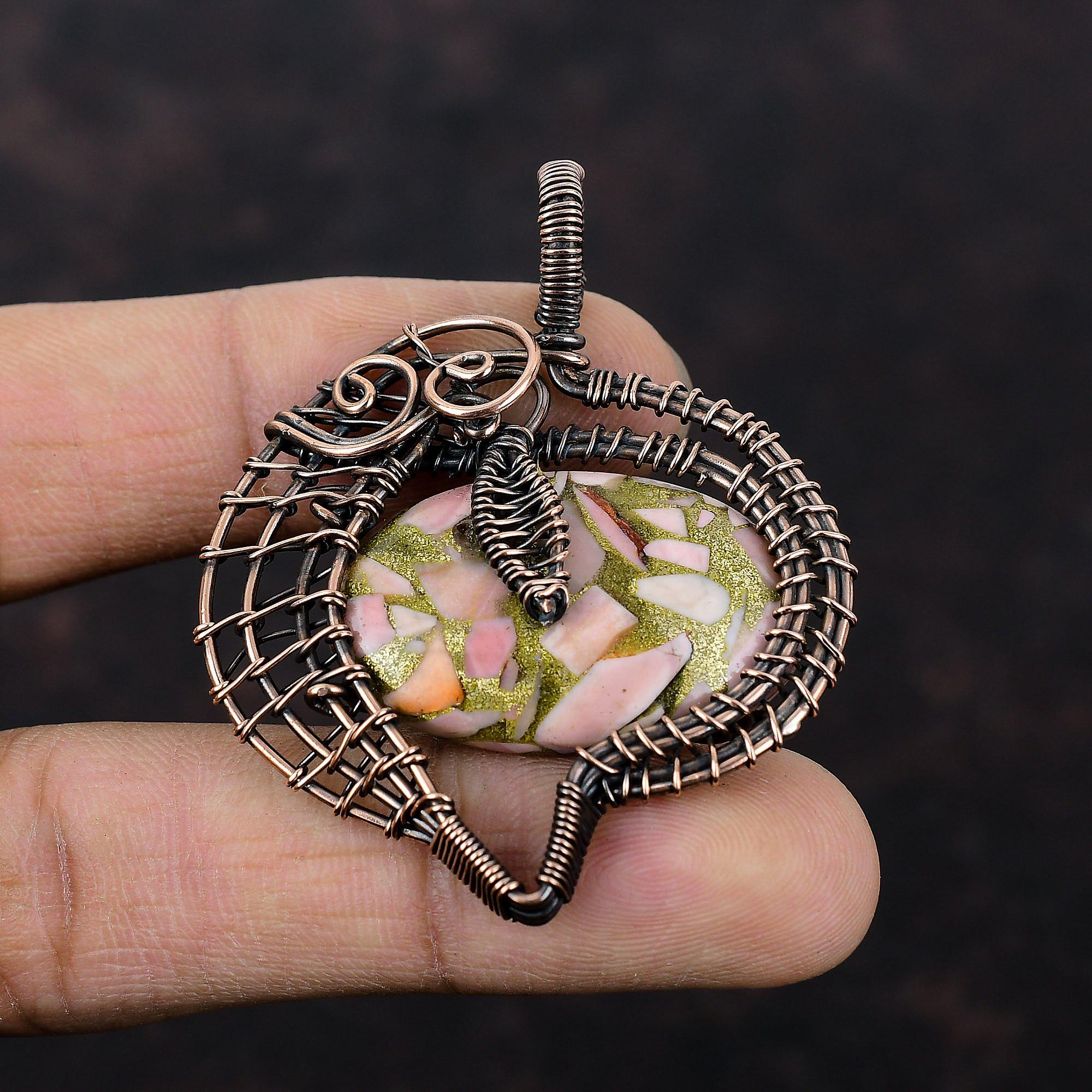 Медный розовый опаловый кулон, обернутый медной проволокой, ювелирное изделие, уникальный стиль, кулон, ювелирное изделие из драгоценных камней ручной работы, кулон, обернутый медной проволокой, подарок для матери