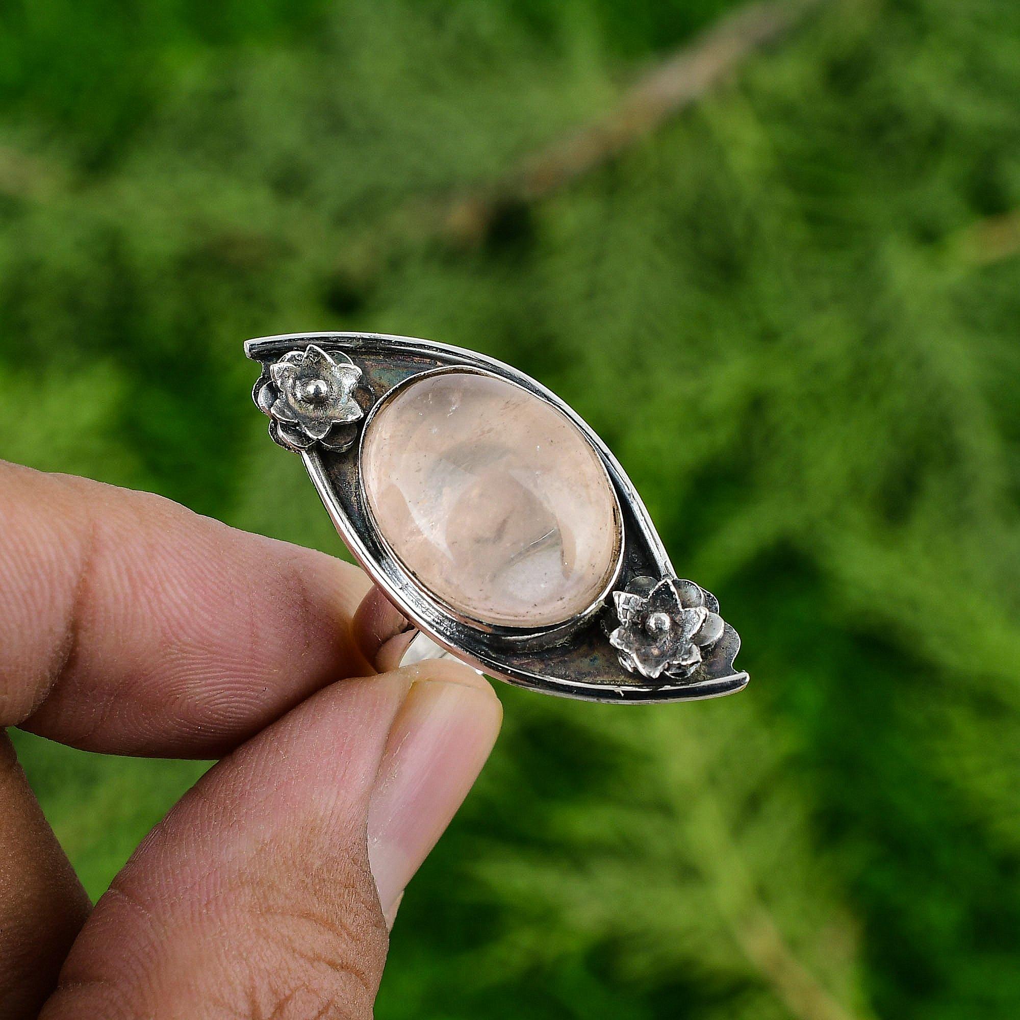 Natural Rose Quartz Gemstone 925 Silver Promise Flower Adjustable Ring For Girls