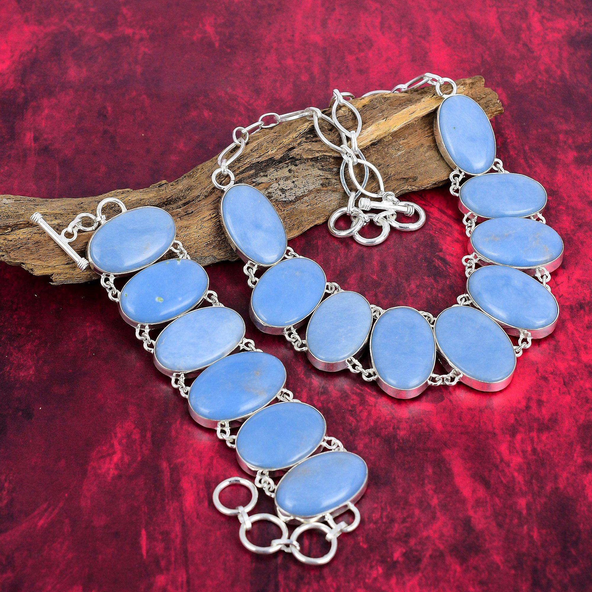 Комплект ювелирных изделий из стерлингового серебра 925 пробы Angelite, комплект ожерелья и браслета ручной работы для нее, красивые украшения из драгоценных камней для свадебного подарка