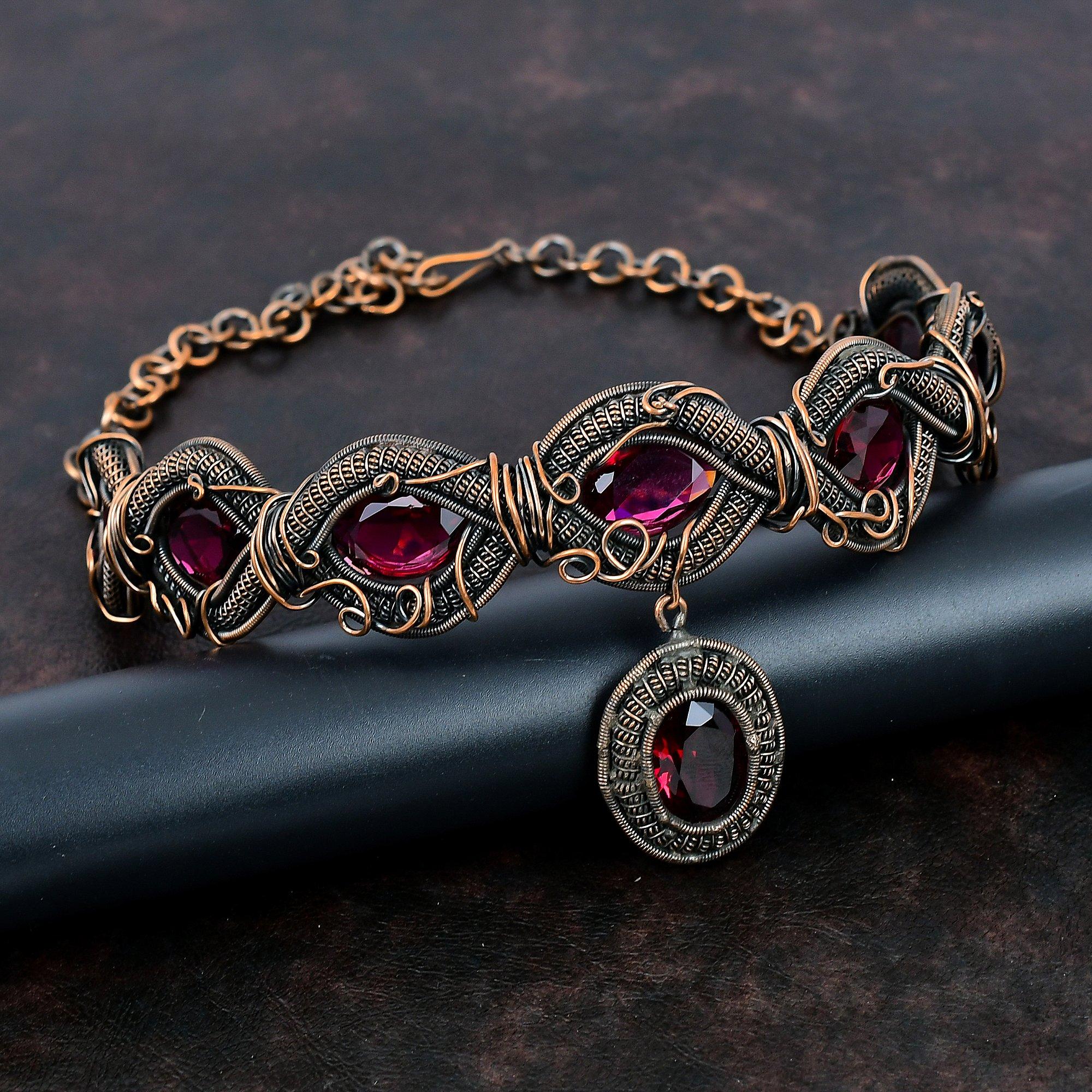 Ожерелье из граненого рубеллита, ожерелье из медной проволоки, регулируемое цепочное ожерелье, ювелирные изделия из меди, ожерелье из драгоценных камней, ювелирные изделия ручной работы для подарка