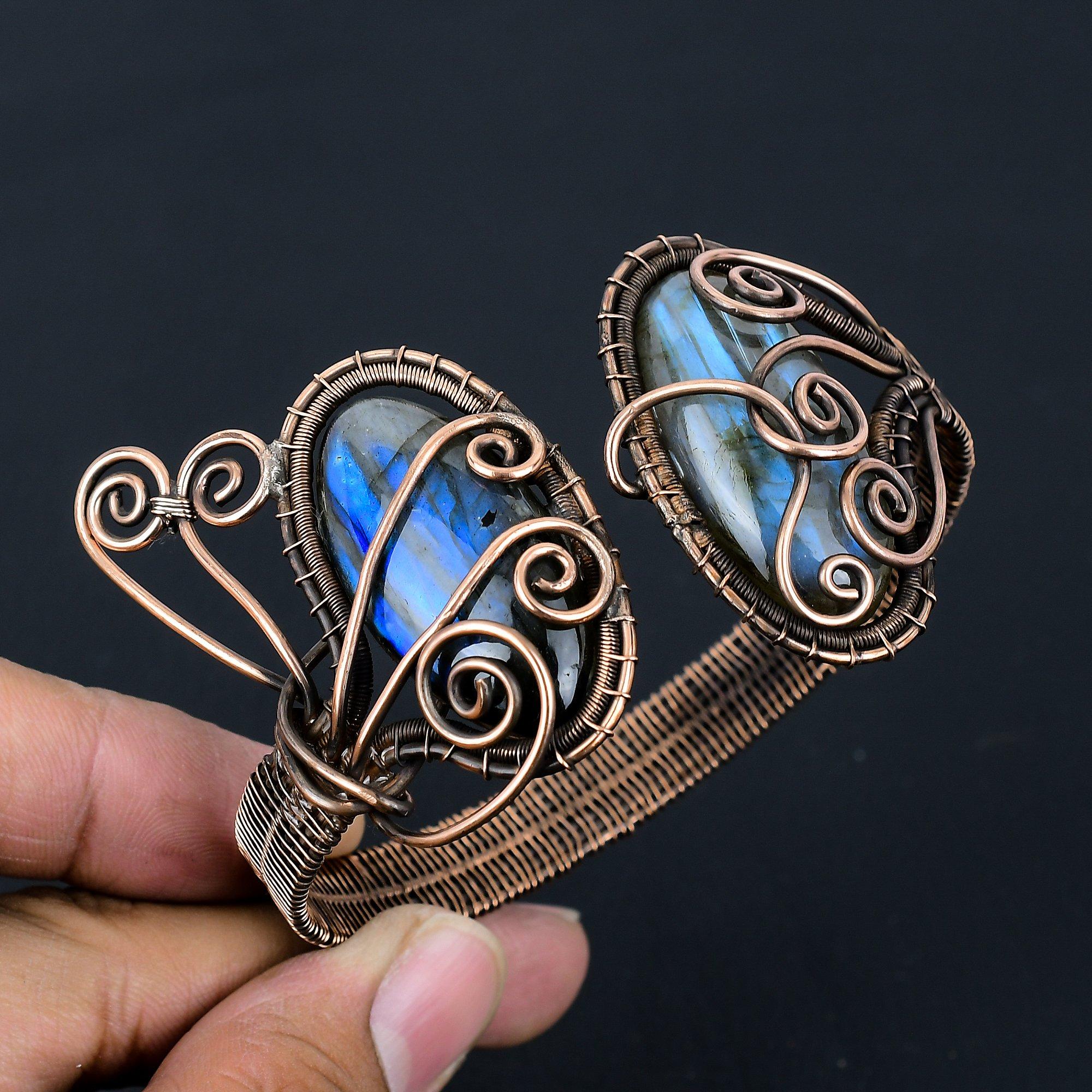 Лабрадорит, драгоценный камень, чистая медная проволока, завернутая в манжеты/браслет ручной работы, ювелирные изделия для нее