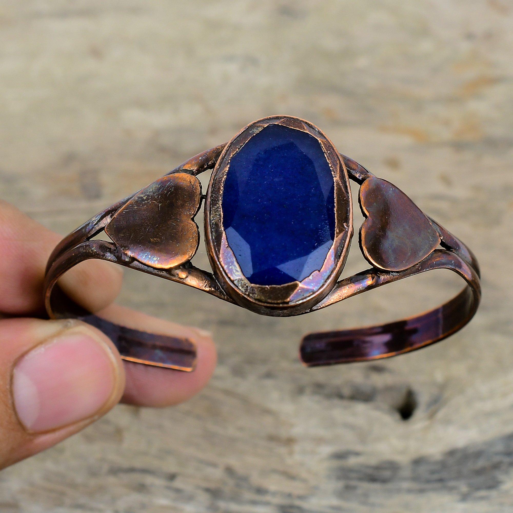 Граненый браслет-манжета из синего сапфира, браслет-манжета с драгоценным камнем, гальванопластический медный браслет, ручная работа, регулируемый браслет, медные украшения, подарки на годовщину