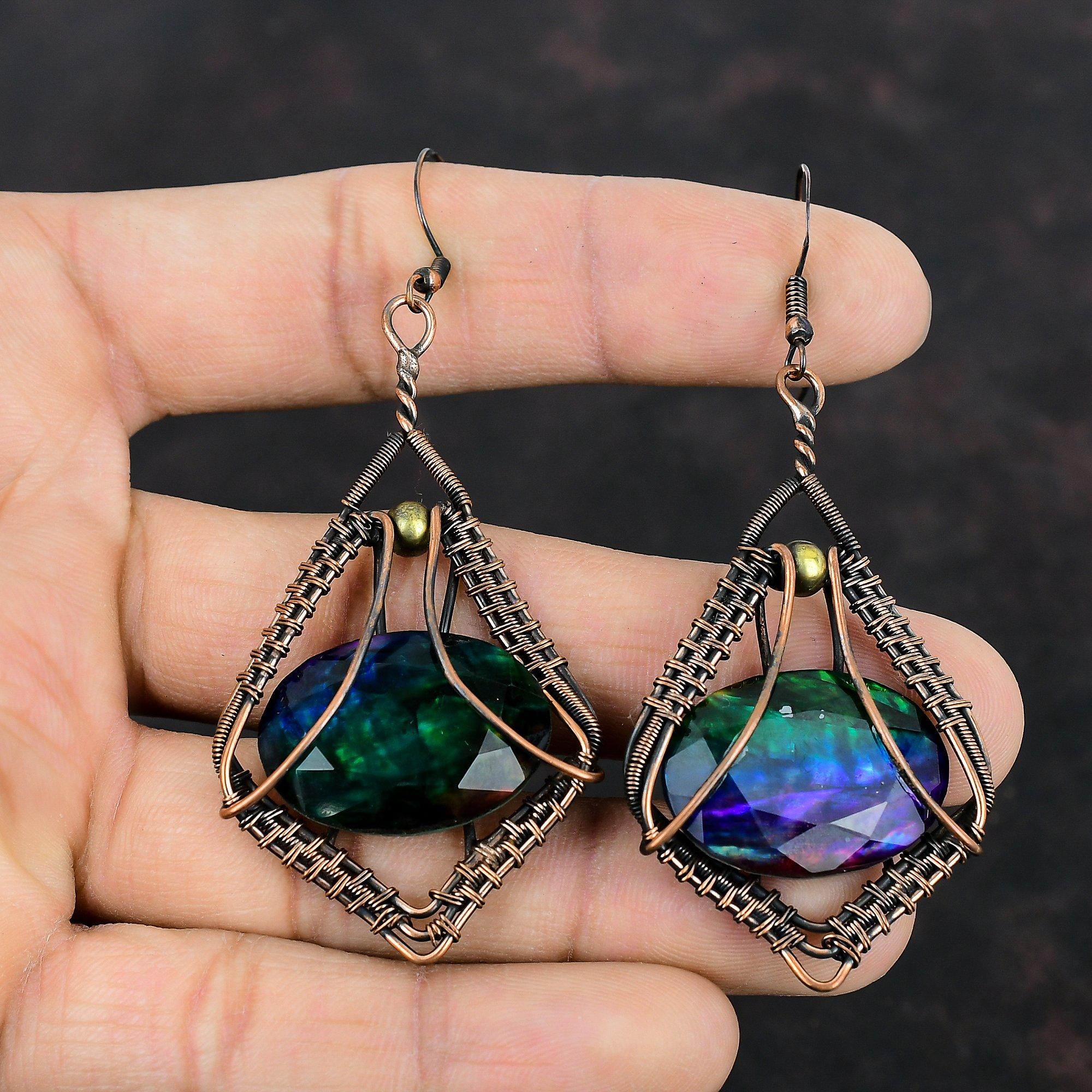 Faceted Ammolite Earring Copper Wire Wrapped Earrings Copper Jewelry Original Gemstone Earrings Handmade Jewelry Gifts For Mom Drop Earrings