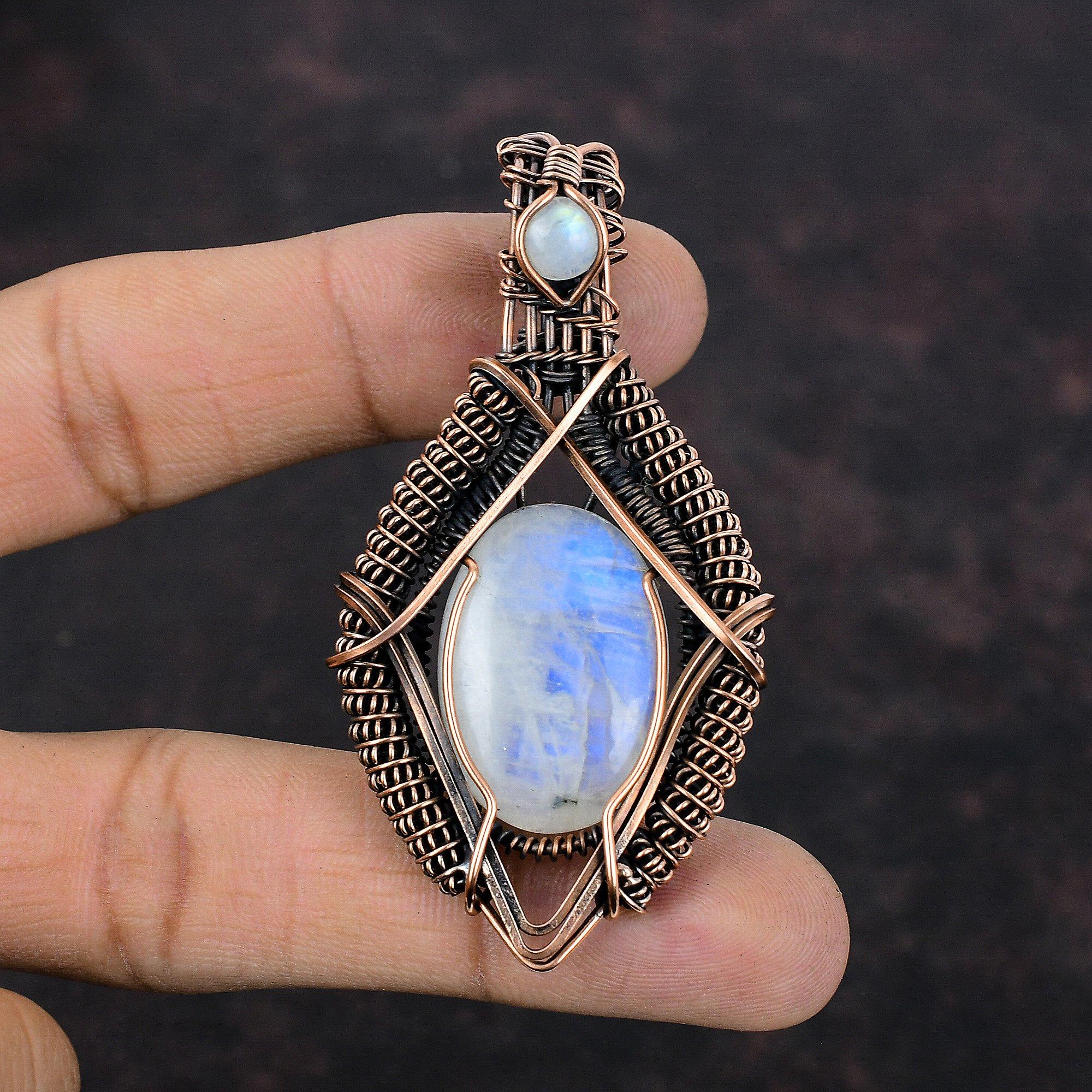 Радужный кулон с лунным камнем, медная проволока, кулон с драгоценным камнем, дизайнерский кулон, ювелирные изделия из лунного камня, кулон ручной работы, медные украшения для подарка