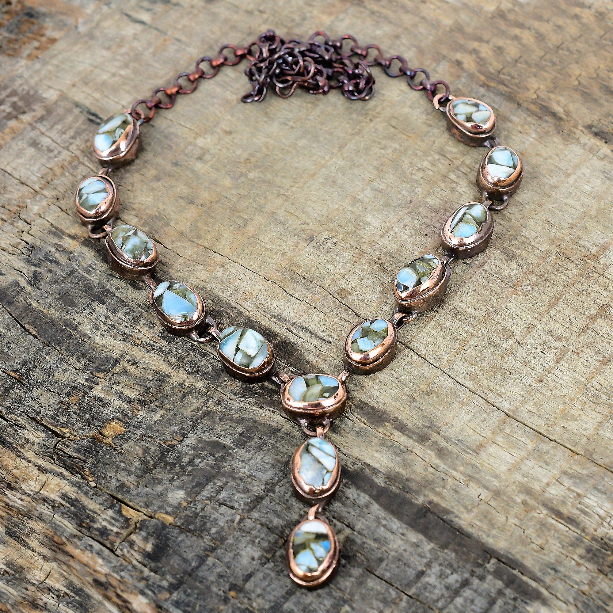 Медное колье с ларимаром, колье из электроформированной меди, колье с регулируемой цепочкой, медные украшения, колье с драгоценным камнем, украшения ручной работы для подарков