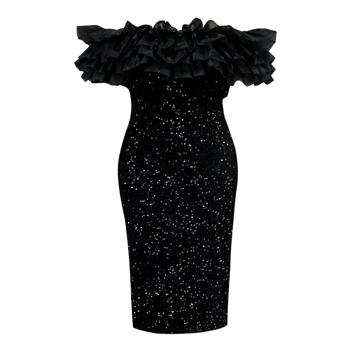 AOMEI Classy Off Shoulder Black Sequin Dresses for Women Backless Ruffles Trim Velvet Glitter Vestidos Bodycon Party Club Wedding Guest Gowns