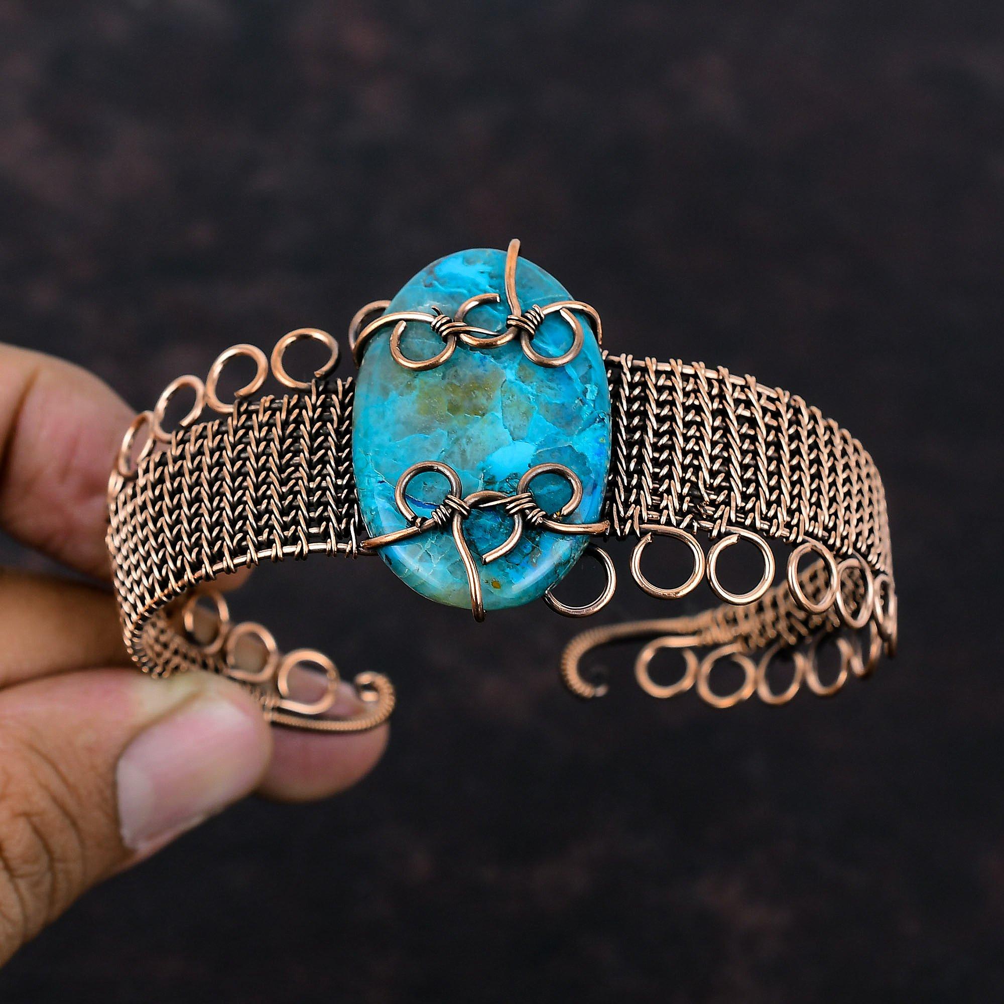 Браслет из хризоколлы, медная проволока, браслет-манжета, регулируемый браслет, ручная работа, проволочная обертка, ювелирные изделия из драгоценных камней, медные украшения для подарка