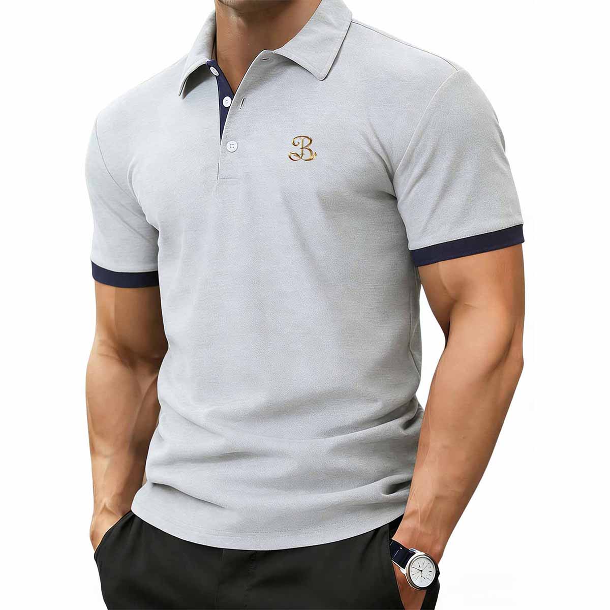 Мужская рубашка-поло в стиле business casual, контрастного цвета, с принтом логотипа B, с коротким рукавом