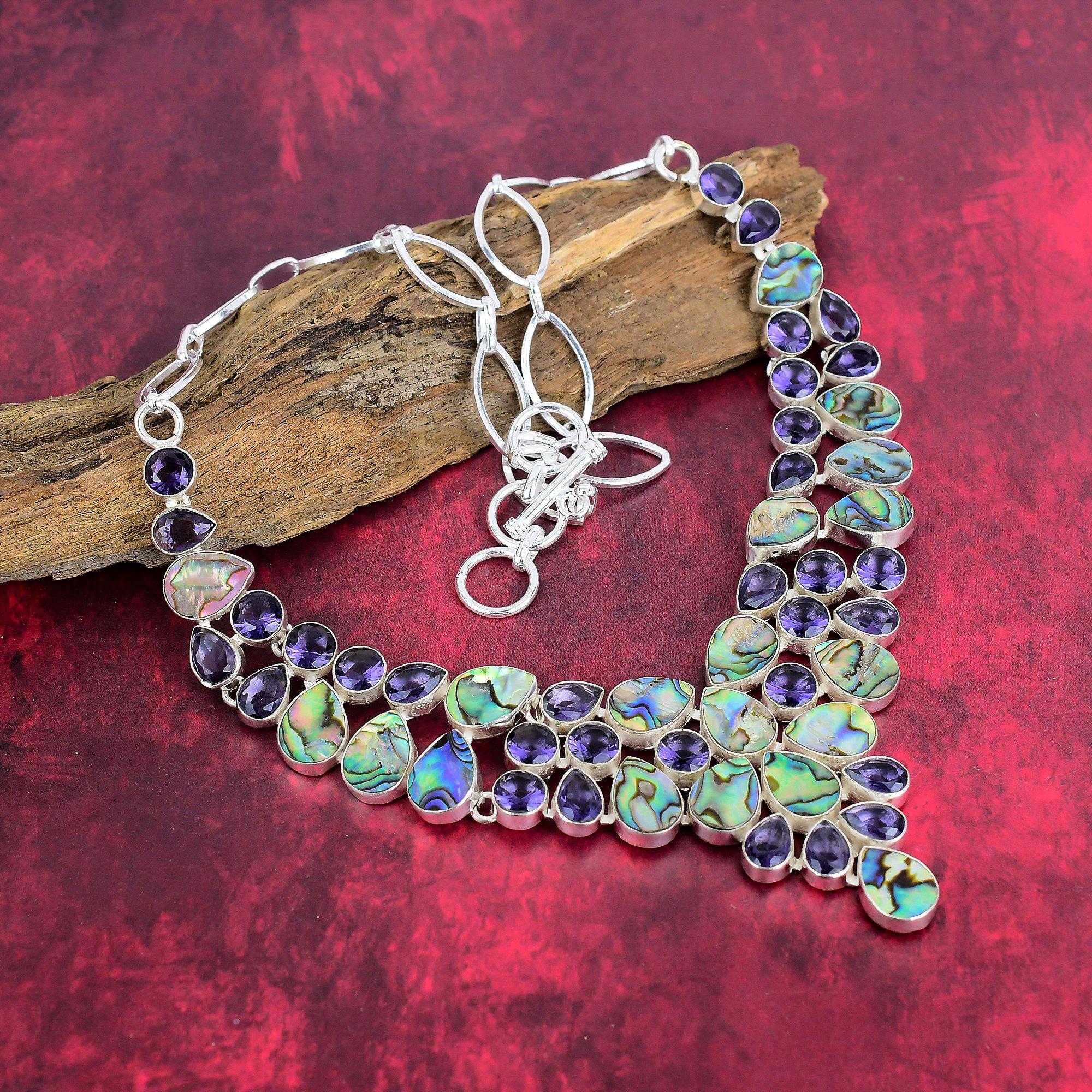 Ожерелье из цельного серебра 925 пробы с ракушкой абалон, аметистом и регулируемой цепочкой, ювелирное ожерелье ручной работы с драгоценными камнями на День памяти