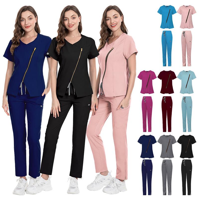 Hospital Doctor Nursing Uniform Summer V Neck Short Sleeve Slim Fit Tees Scrub Tops Beauty Salon Workwear Clinical Scrubs Blouse