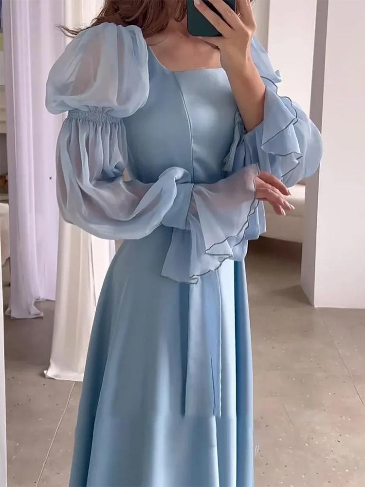 Элегантная женская уличная одежда, женское шифоновое атласное вечернее платье, однотонное квадратное воротниковое колье с поясом, расклешенные рукава, плиссированные женские платья