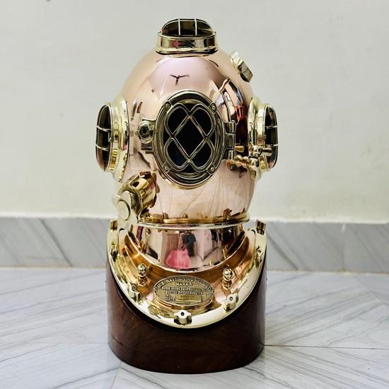 45.72 Cm Copper Brass Diving Helmet Mark V Deep Sea Scuba Divers Helmet With Wooden Base