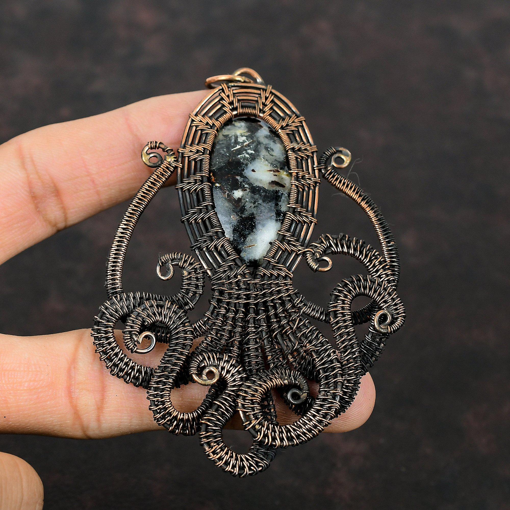 Подвеска из астрофиллита, медная проволочная обертка, настоящие драгоценные камни, подвеска в виде осьминога, проволочная бижутерия, медные украшения ручной работы, подарок для него