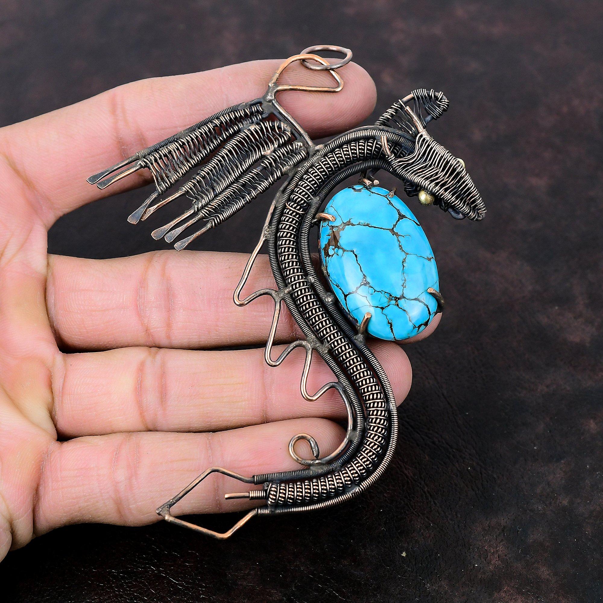 Tibetan Turquoise Pendant Copper Wire Wrapped Pendant Dragon Pendant Handmade Jewelry Designer Pendant Gemstone Copper Jewelry Gift For Him