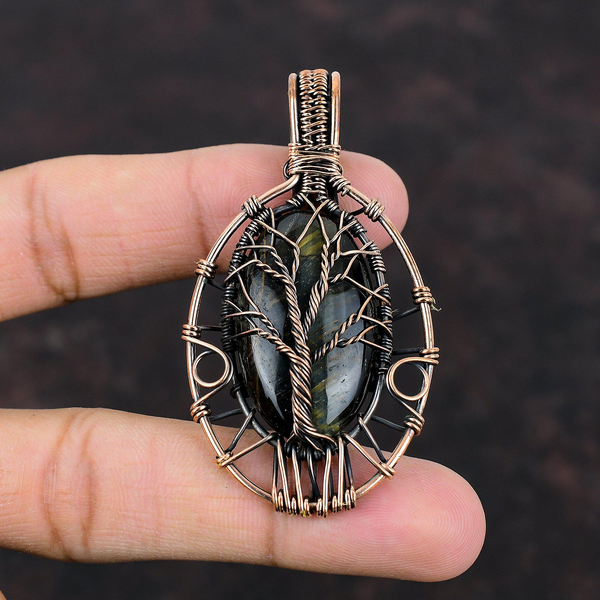 Кулон Древо Жизни из Неллита, кулон, обмотанный медной проволокой, кулон ручной работы, украшения из неллита, кулон с настоящим драгоценным камнем, медные украшения, свадебные подарки