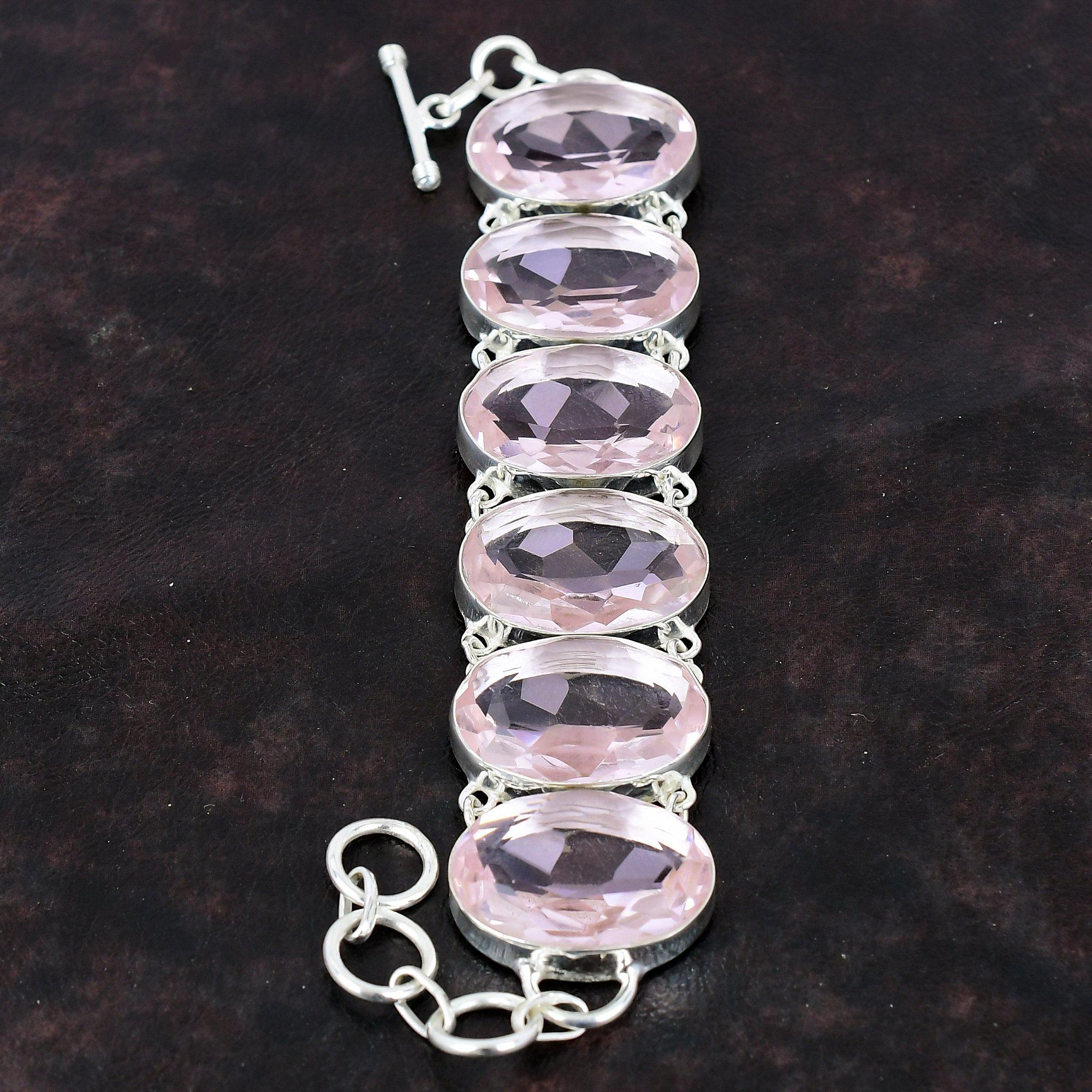 Граненый розовый браслет из кунцита Ювелирные изделия ручной работы Браслет из стерлингового серебра 925 пробы Браслет из натурального драгоценного камня Регулируемый браслет-цепочка Свадебный подарок