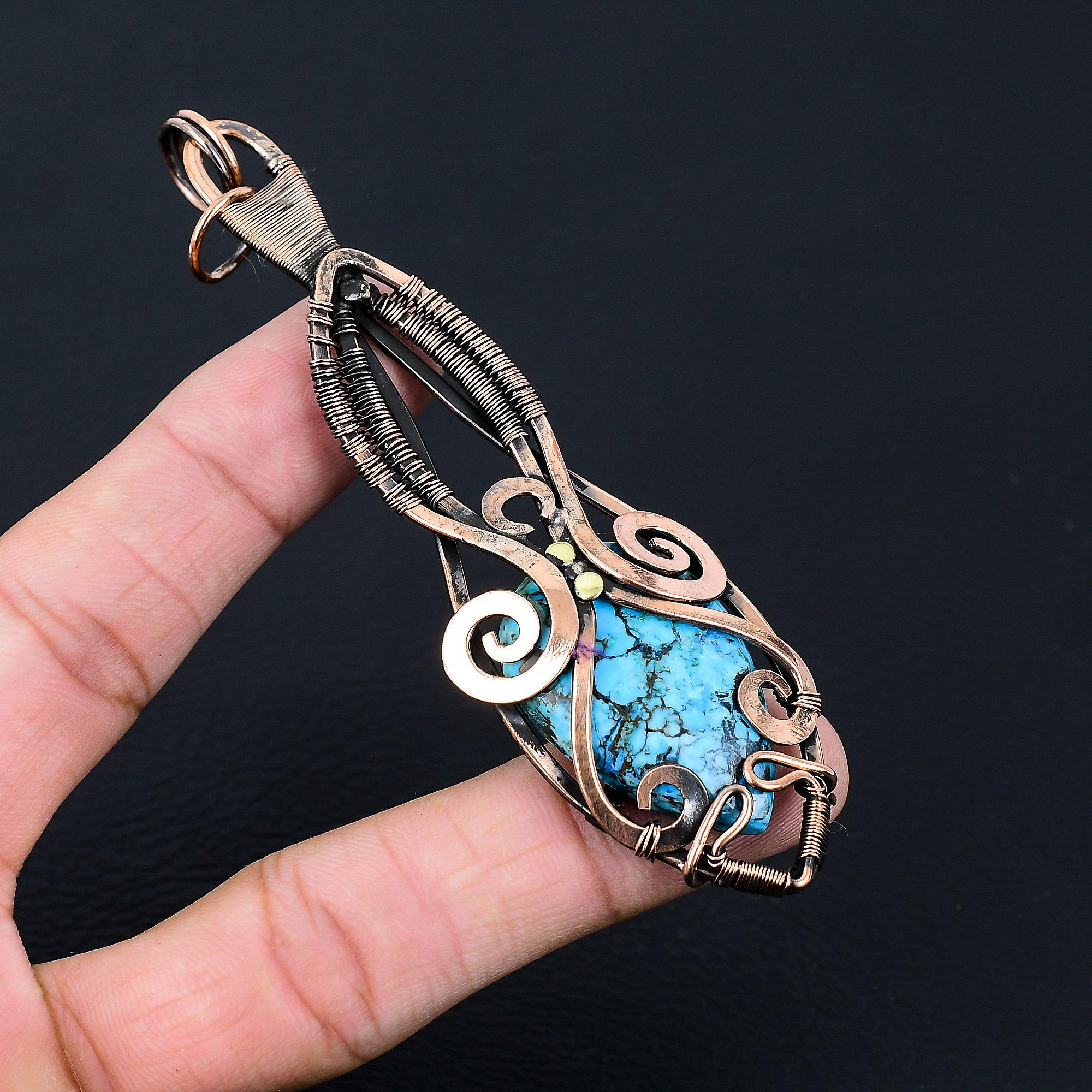 Драгоценный камень с бирюзой и чистой медной проволокой, завернутый в подвеску ручной работы Анк, ювелирные изделия