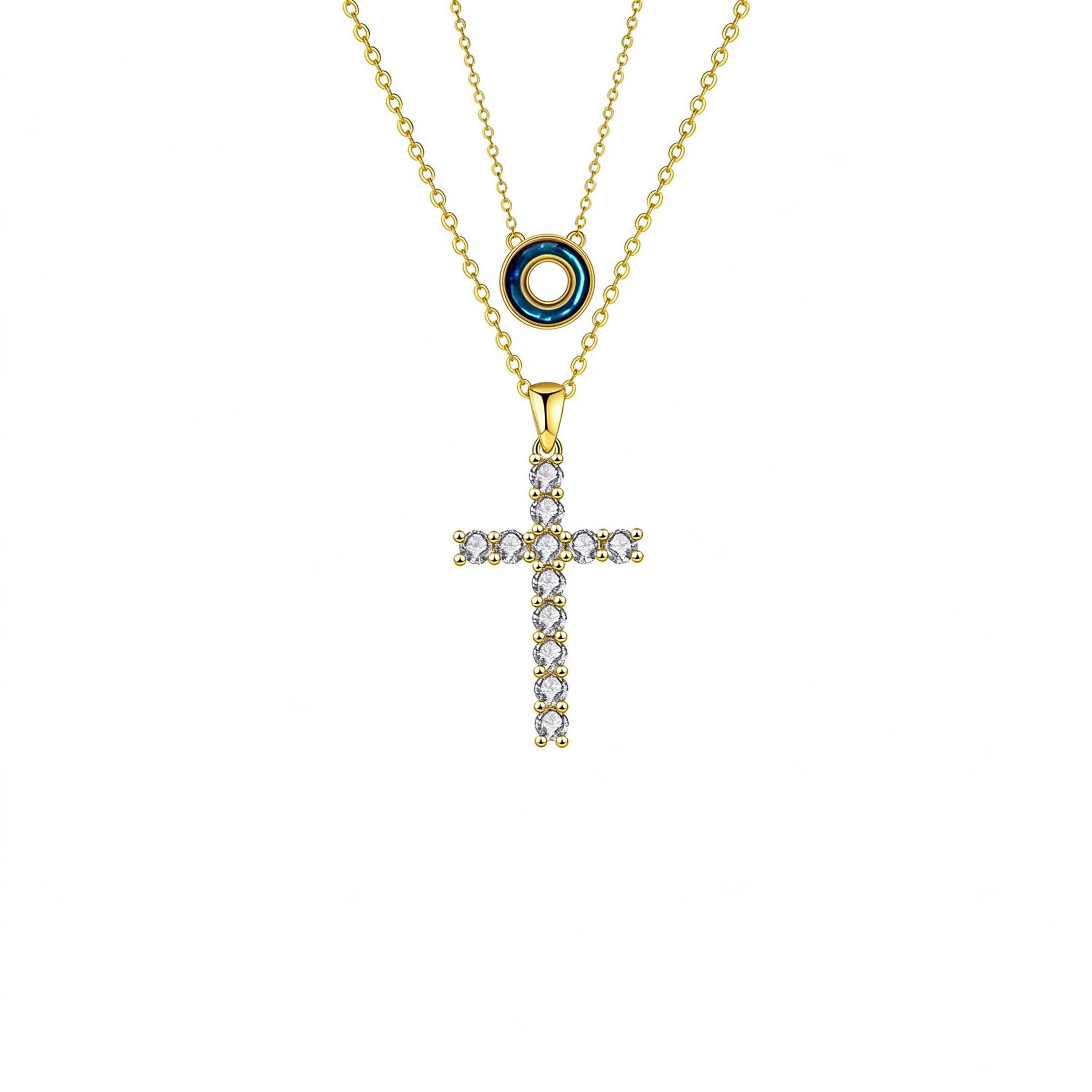 Double Layer Cross Pendant Necklace, 18K Gold Plated Paved Zircon Crucifix Choker, Stacked Faith Necklace for Women