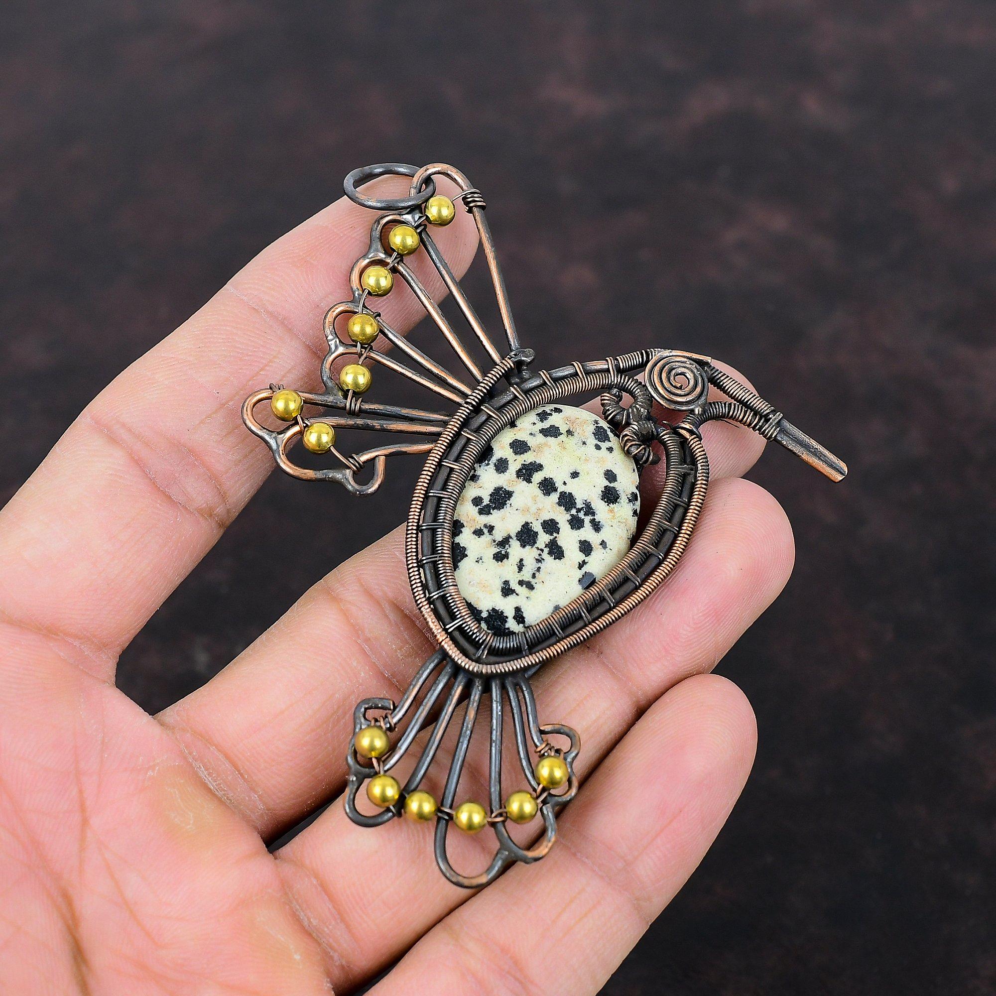 Подвеска из далматинской яшмы, обернутая медной проволокой, ручная работа, украшение из натурального драгоценного камня, стильное медное украшение, подвеска с птицей для подарка