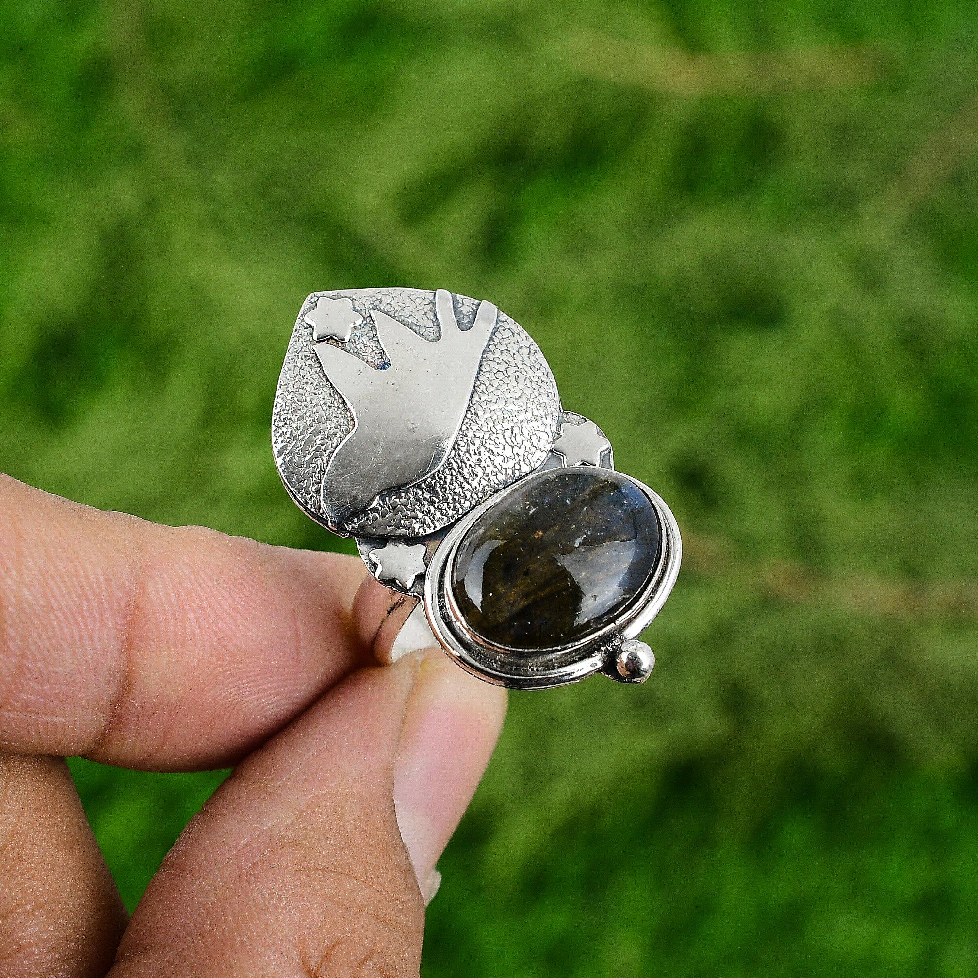 Gift For Women Multi Stone Bird Adjustable Ring 925 Silver Natural Labradorite