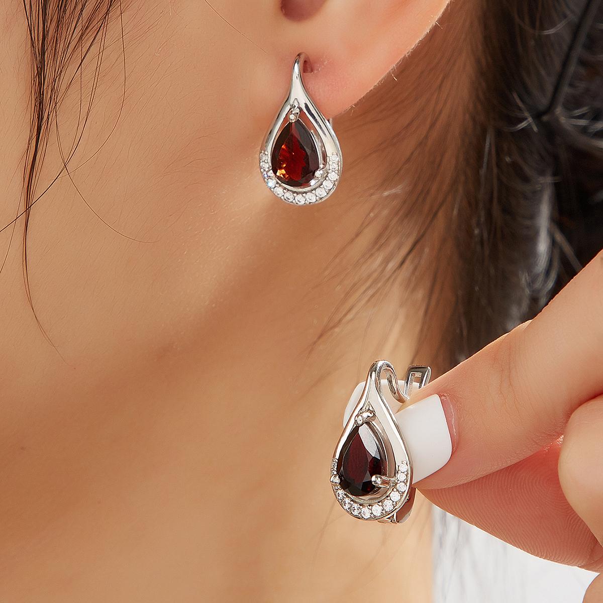 Простое элегантное серебряное кольцо и серьги для женщин, натуральный гранат, январский камень, аниме, модный комплект ювелирных украшений для подарка на годовщину свиданий