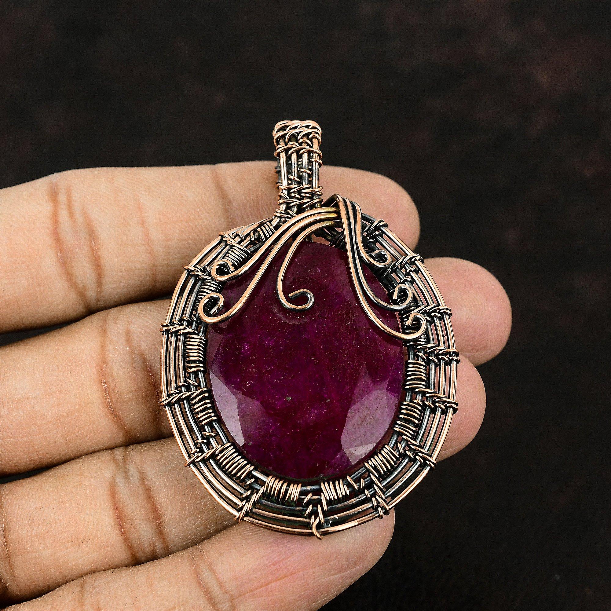 Кулон из медной проволоки с рубином из кашмира, драгоценный камень, медный кулон, ювелирные изделия из медной проволоки с рубином из кашмира, подарок для мамы, подарок для нее