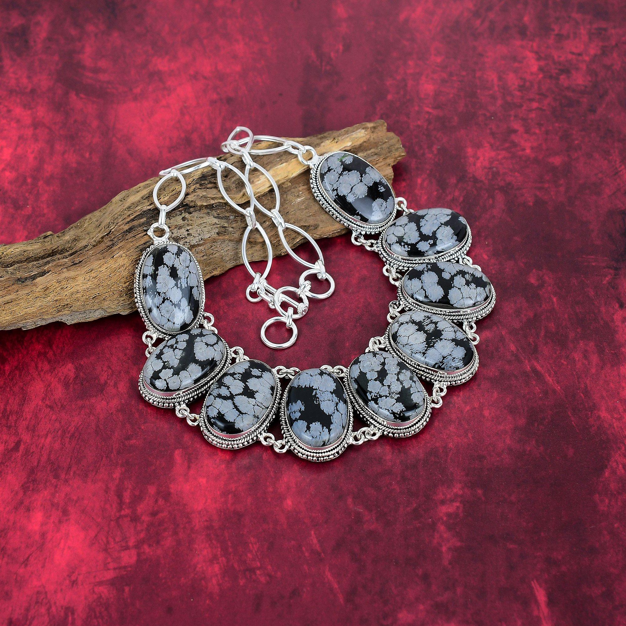 Ожерелье из обсидиана со снежинкой, изящное ювелирное ожерелье ручной работы из стерлингового серебра 925 пробы с драгоценным камнем, регулируемое ожерелье-цепочка, подарок для нее