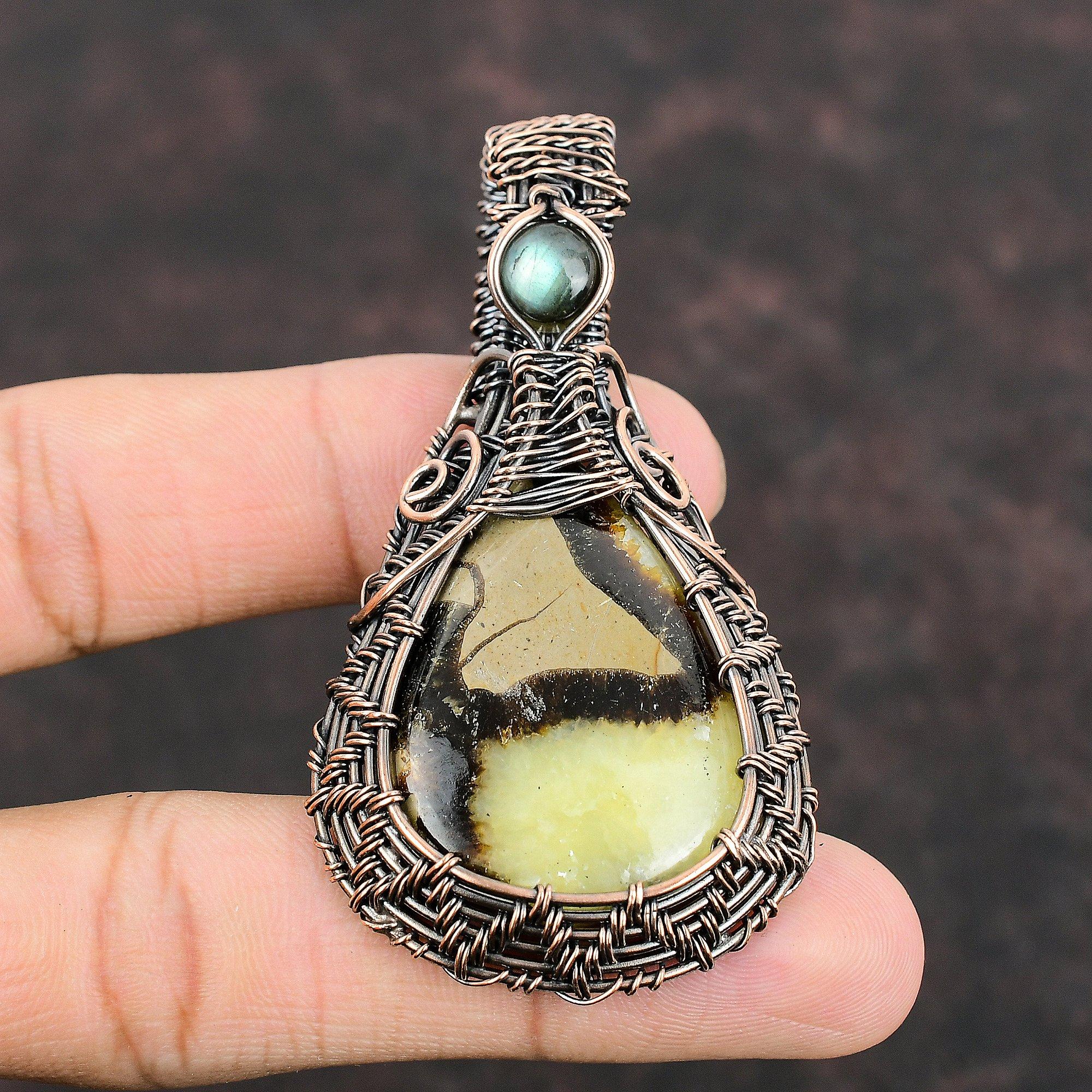 Септарианский кулон, обернутый медной проволокой, дизайнерский кулон, лабрадорит, драгоценный камень, кулон ручной работы, медное украшение, подарок для матери