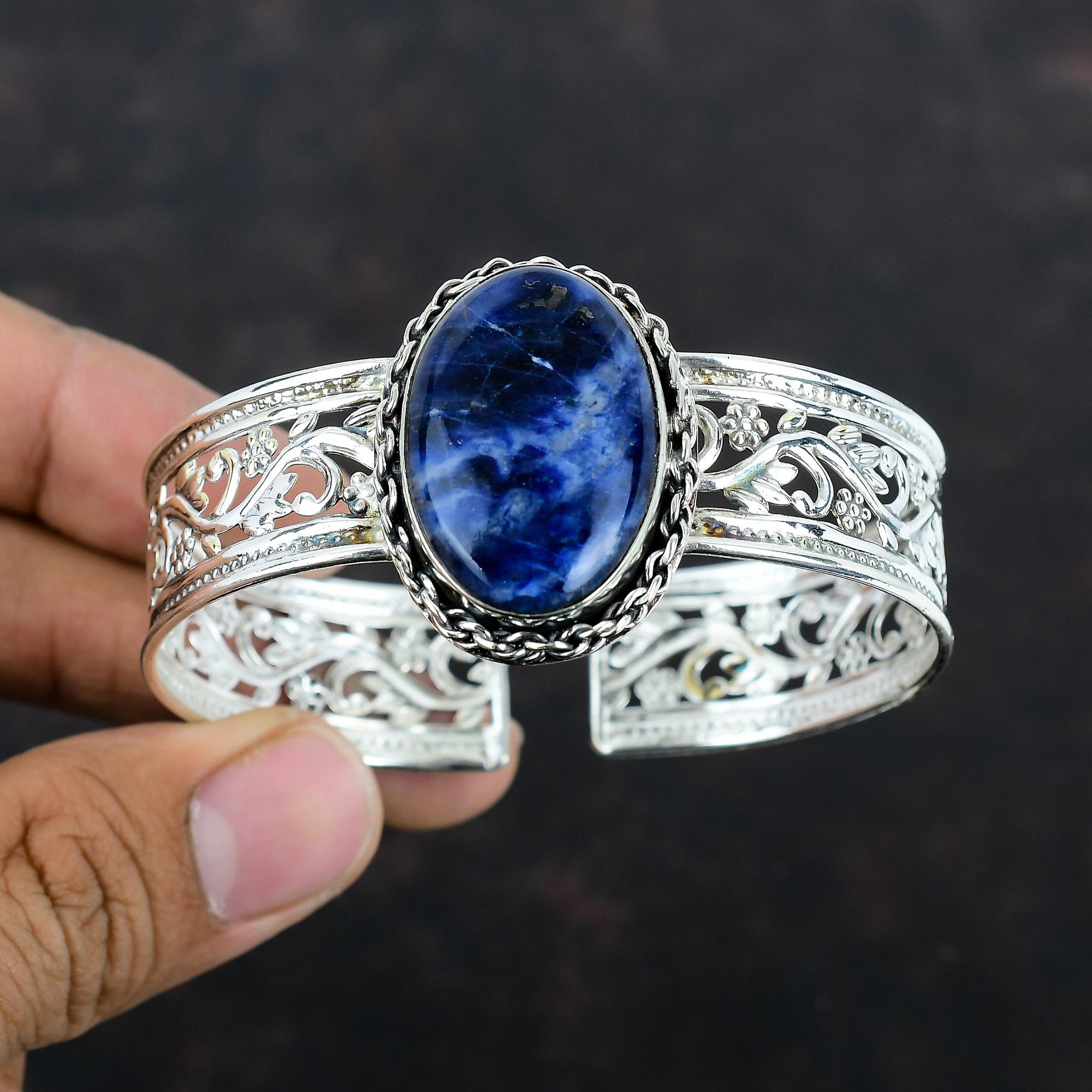Sodalite Bangle 925 Sterling Silver Cuff Bracelet Adjustable Bangle Gemstone Handmade Cuff Bracelet Very Pretty Silver Jewelry Gifts For Her