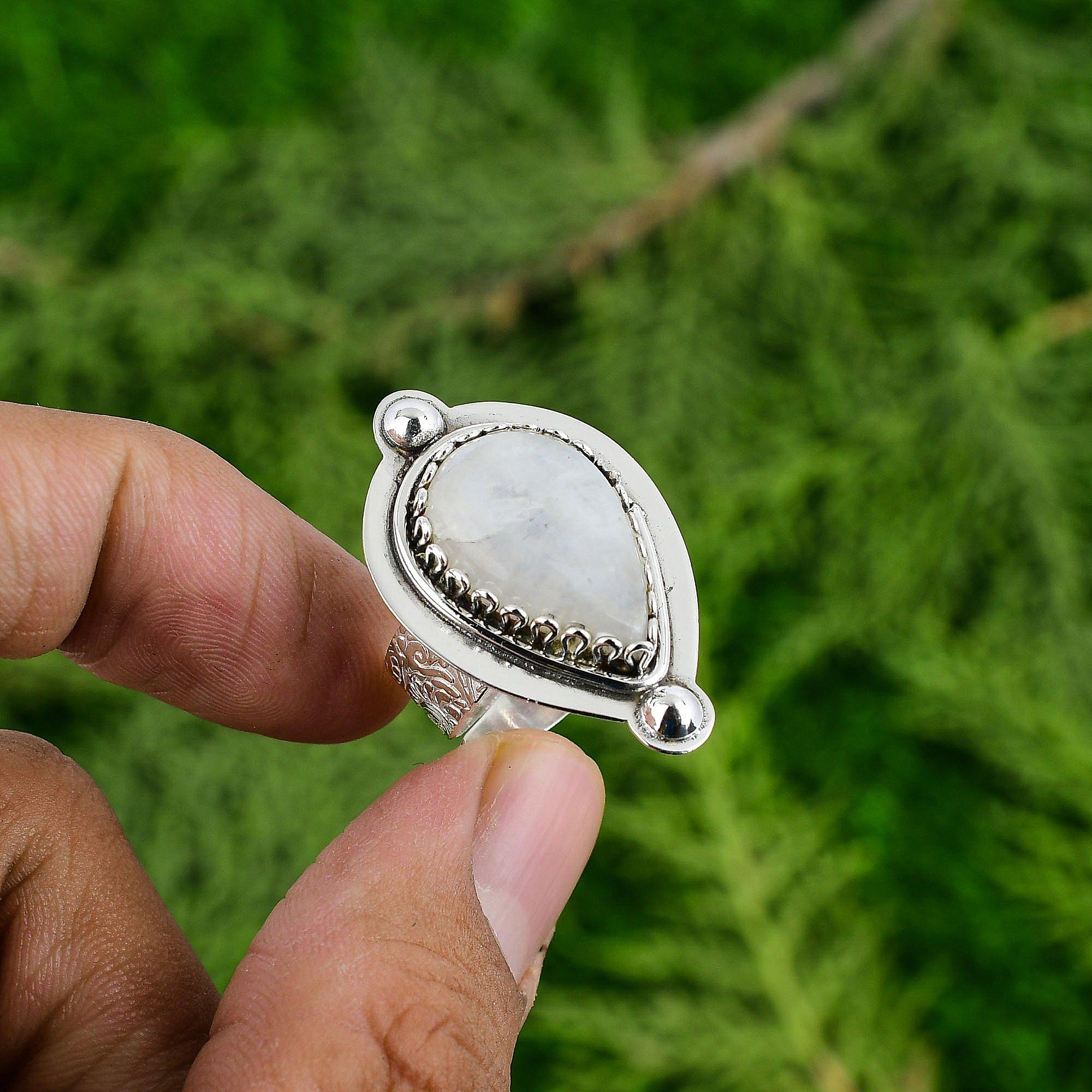 Natural Rainbow Moonstone Gemstone Solitaire Adjustable Ring 925 Sterling Silver
