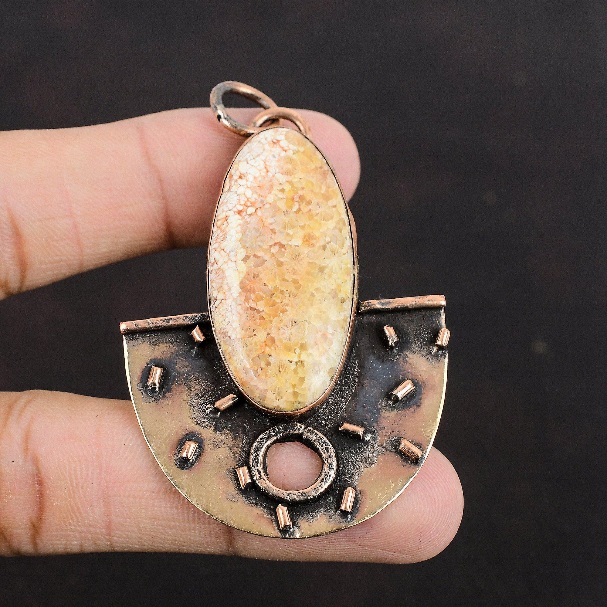 Fossil Coral Copper Pendant Natural Gemstone Pendant Handmade Jewelry Pendant Copper Jewelry For Gifts Fossil Coral Jewelry Gift For Mother