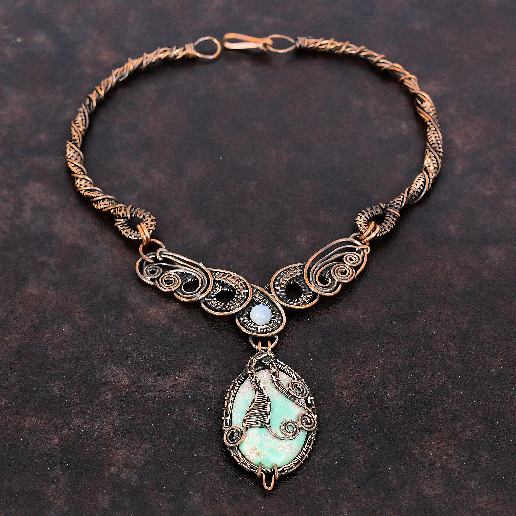 Ожерелье из варисцита, медная проволока, обернутая драгоценным камнем, ожерелье из лунного камня, медные украшения, ожерелье ручной работы, ювелирное изделие из проволочной обмотки, подарок для жены