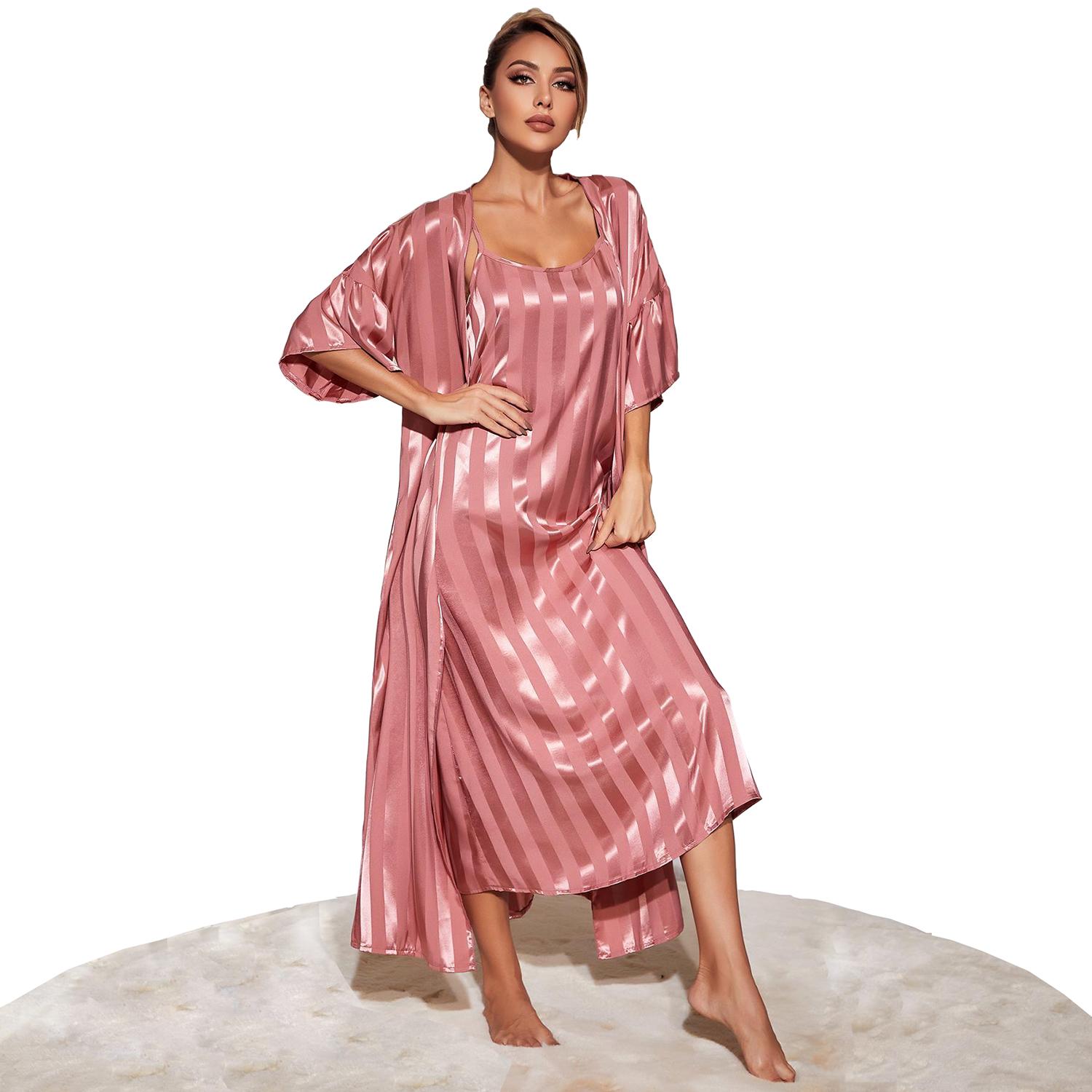 Women’s Nightgown Slip Night Dress 2 Pieces Set Satin Stripe Pajamas Dressing Gown Robe Sleepwear Home Wear Spring Autumn Sleep Lounge Clothes