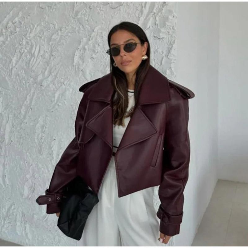 Уличная короткая куртка из кожи бордового цвета с красными карманами и лацканами для женщин, куртка с длинным рукавом, осенняя свободная верхняя одежда для женщин