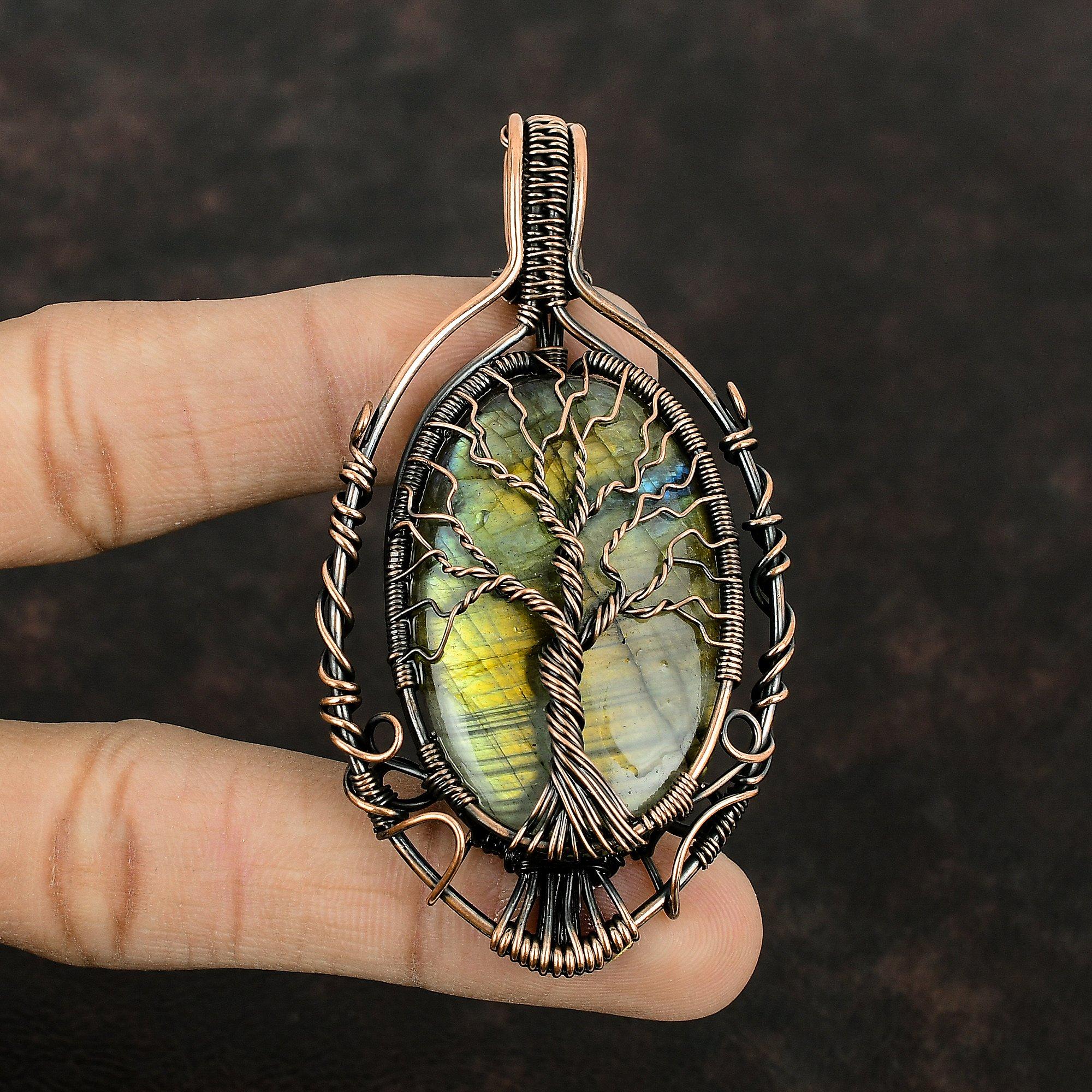 Подвеска из лабрадорита «Дерево жизни», подвеска из медной проволоки с драгоценным камнем, подарок из меди для нее, подвеска из лабрадорита ручной работы