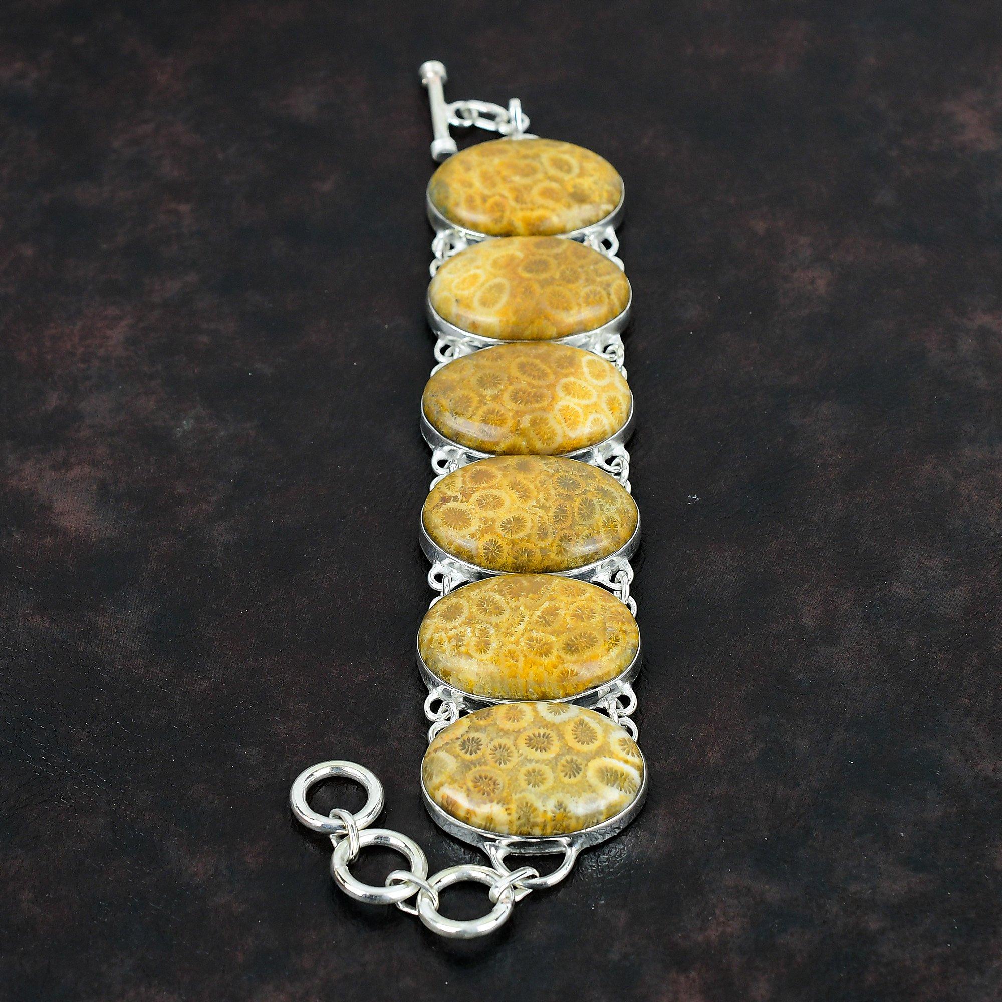 Браслет из ископаемого коралла Браслет из натурального драгоценного камня Браслет из стерлингового серебра 925 пробы Регулируемый браслет-цепочка Изящный ювелирный подарок ручной работы для жены