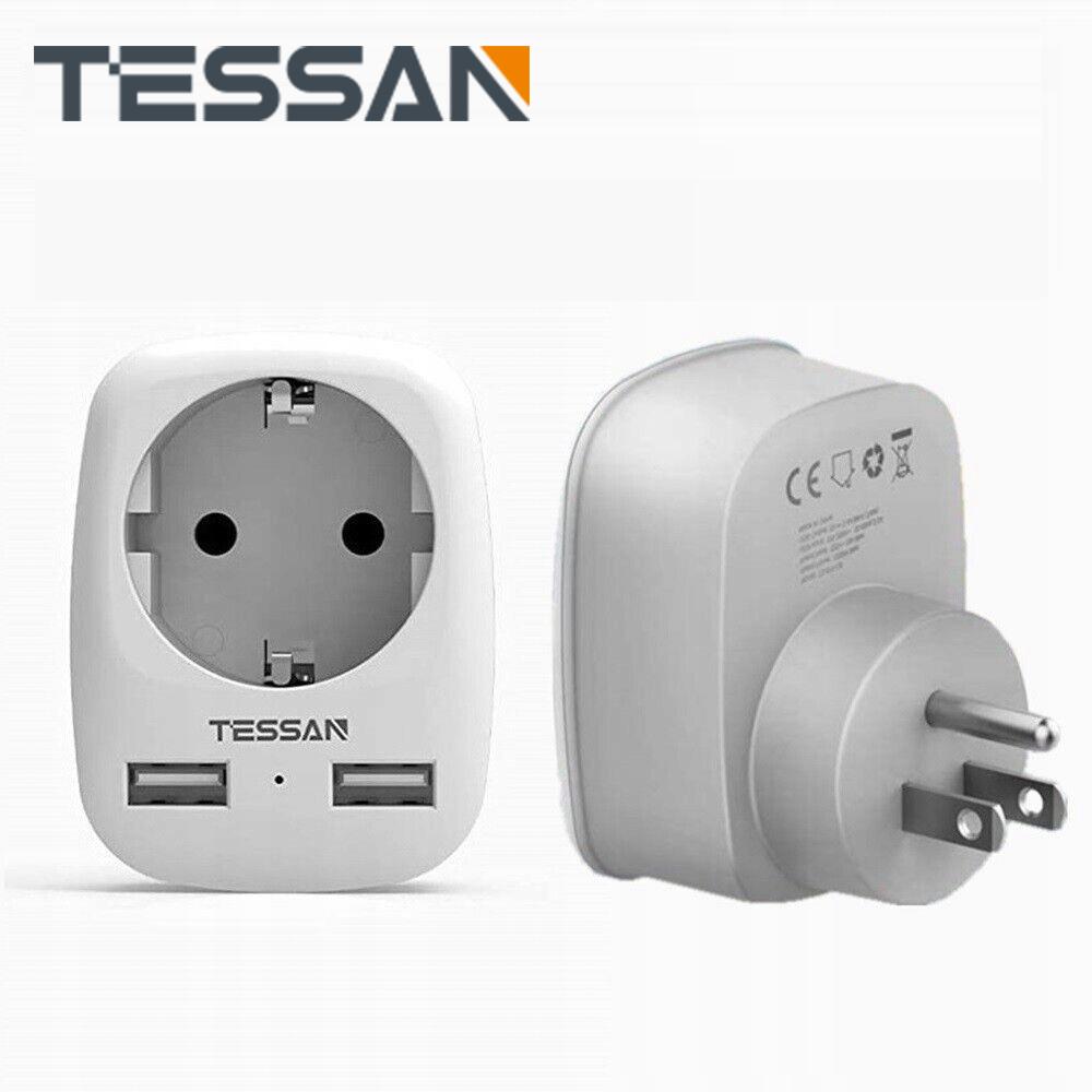 Tessan Дорожный адаптер, адаптер розетки ЕС-США с 2 USB, адаптер для дорожной вилки, 2-контактный европейский Schuko на 3-контактный, США, Канада, Мексика