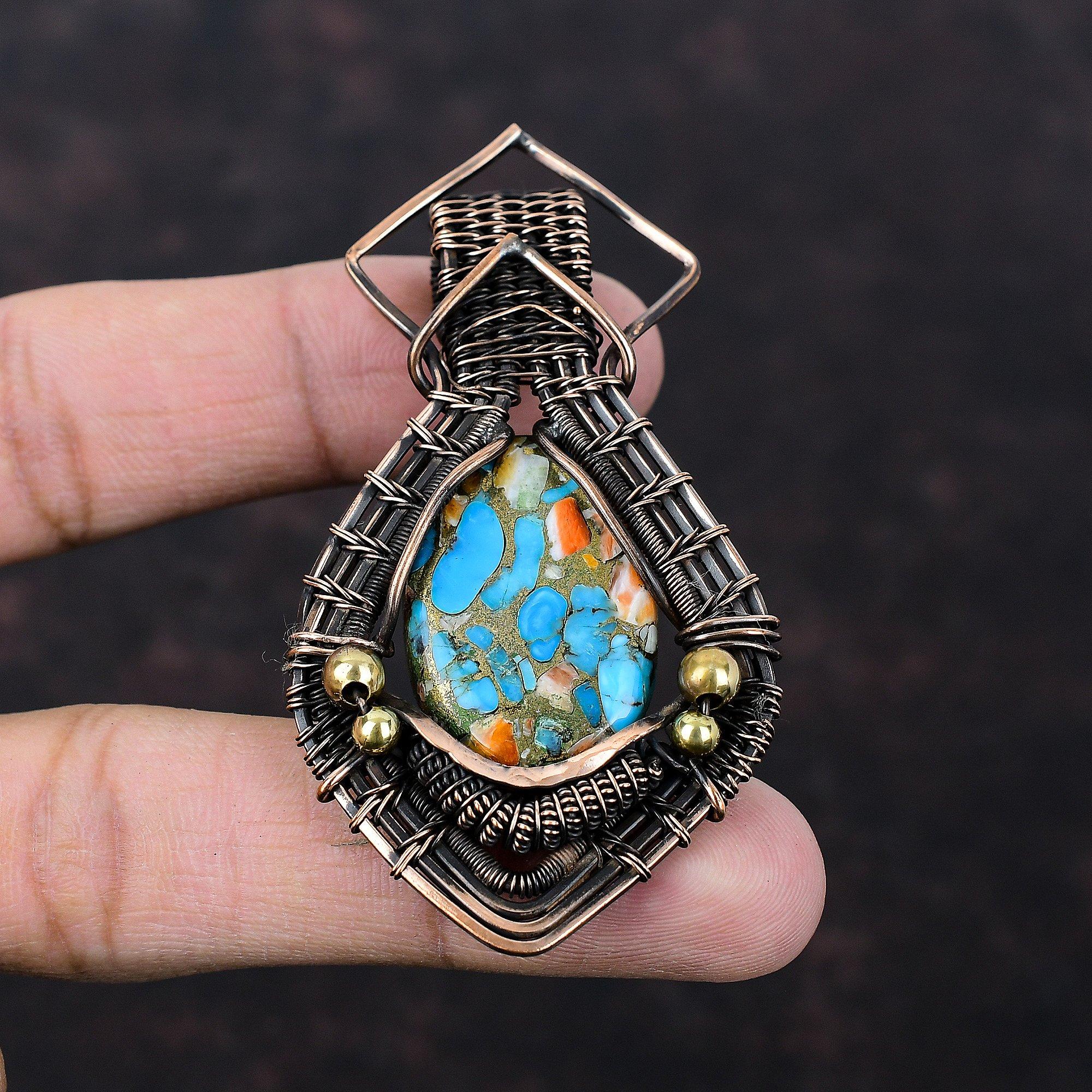 Колючая устрица, медная бирюзовая подвеска, медная проволока, обернутая подвеской с драгоценным камнем, дизайнерская подвеска, медная проволока ручной работы, ювелирный подарок для нее