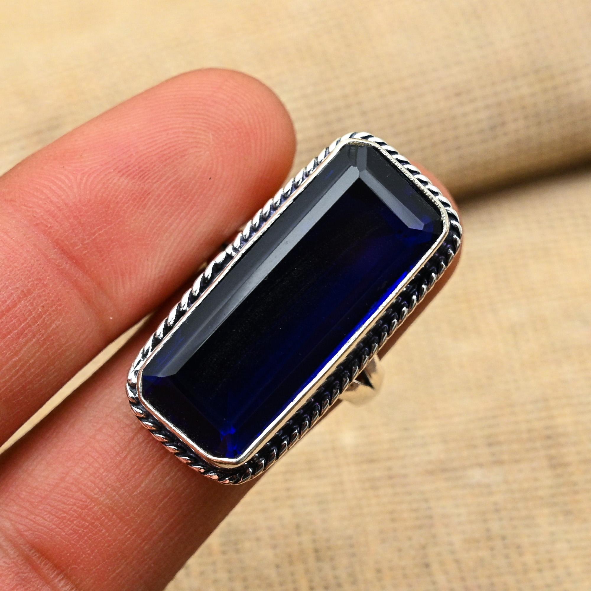Гламурный синий сапфир, созданный в лаборатории драгоценный камень, ювелирное кольцо ручной работы из стерлингового серебра 925 пробы